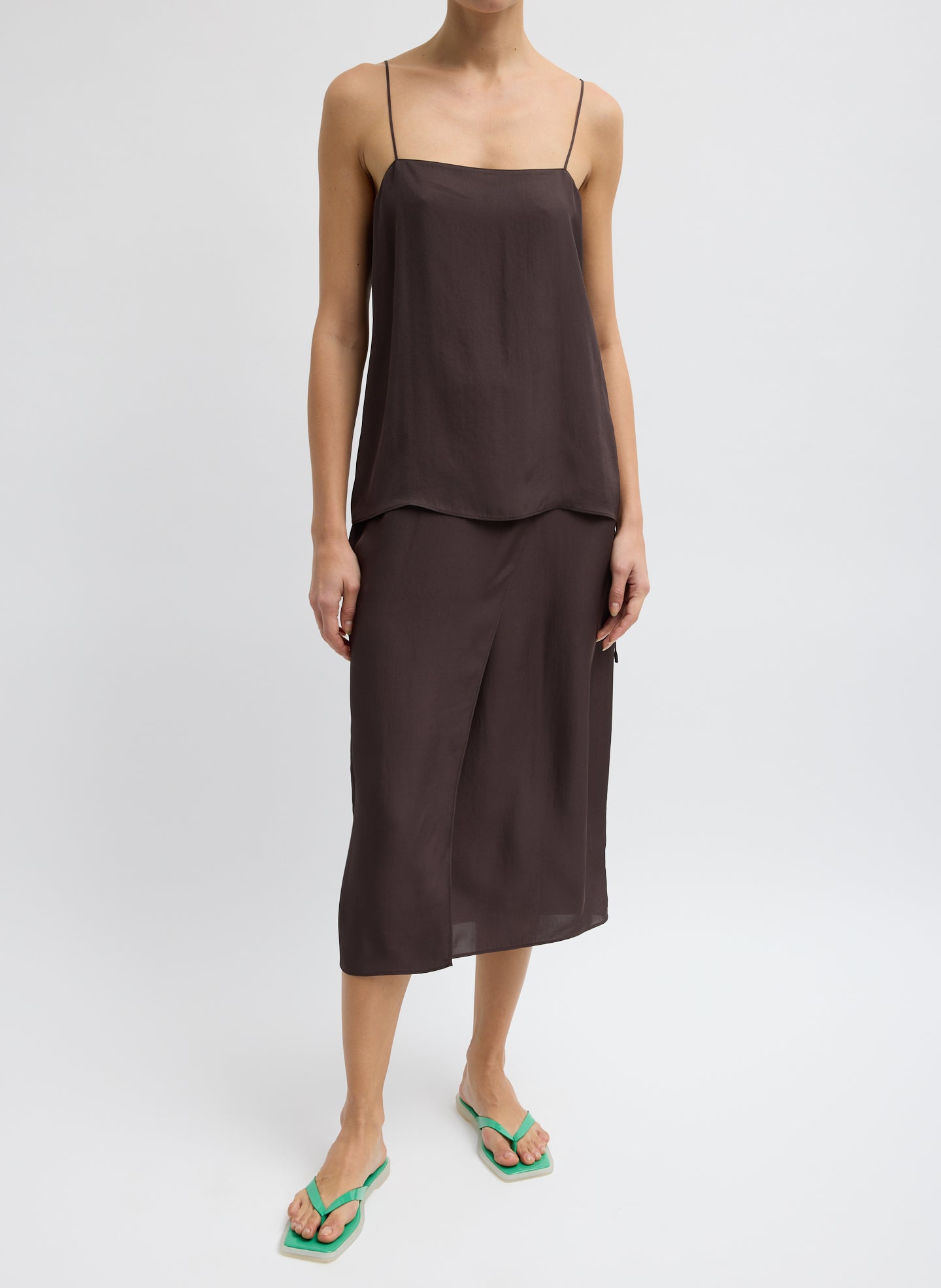 Chocolate Brown Summer Slip Cami - full look, front view on model