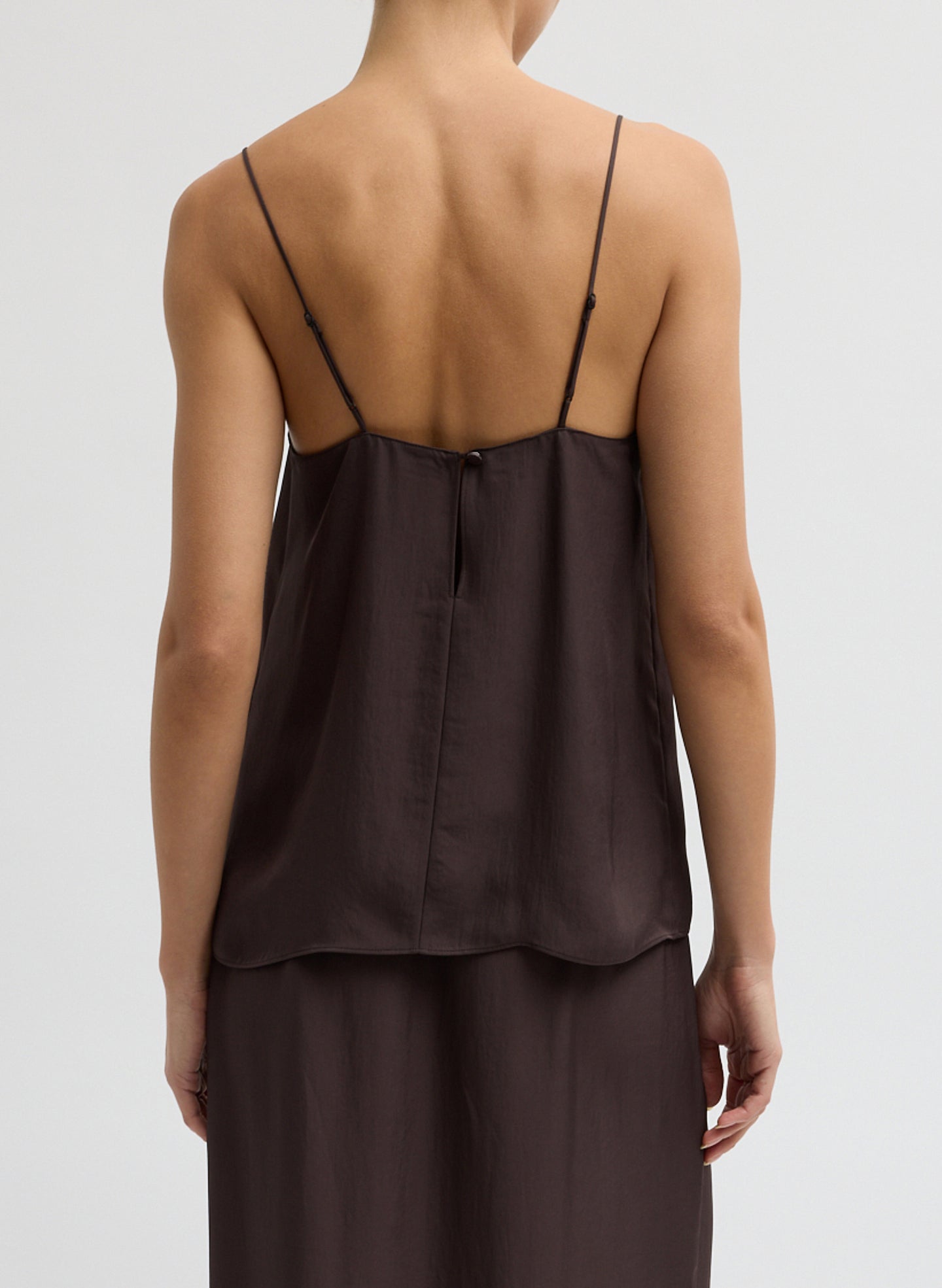Chocolate Brown Summer Slip Cami - sleeveless silk cami, back view on model