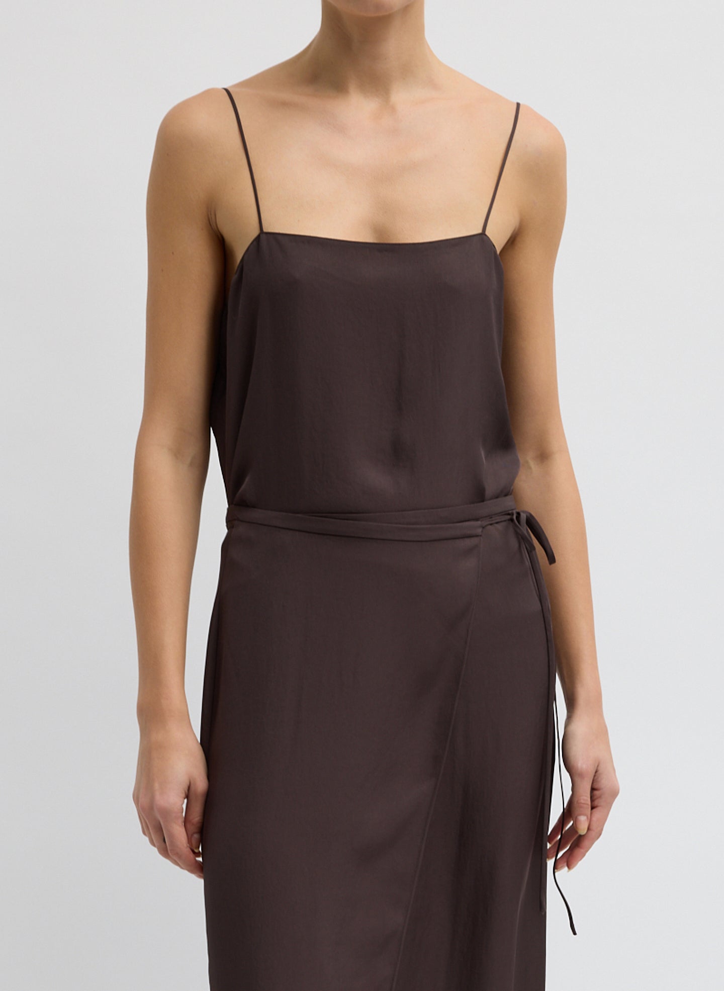 Chocolate Brown Summer Slip Cami - sleeveless silk cami, front view on model