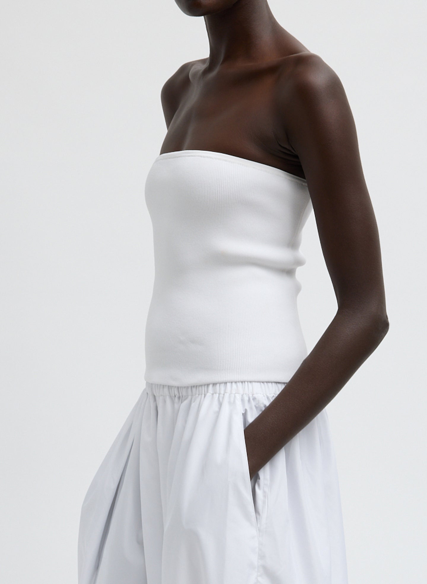 White Ribbed Sweater Tube Top - side view on model