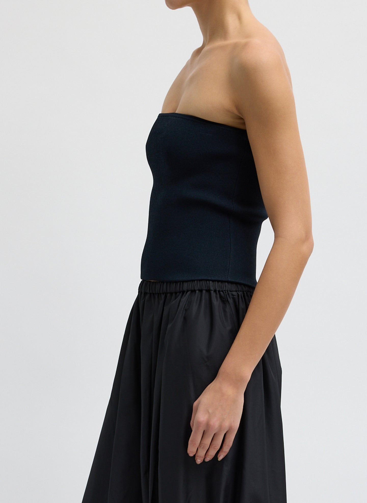 Navy Ribbed Sweater Tube Top - side view on model