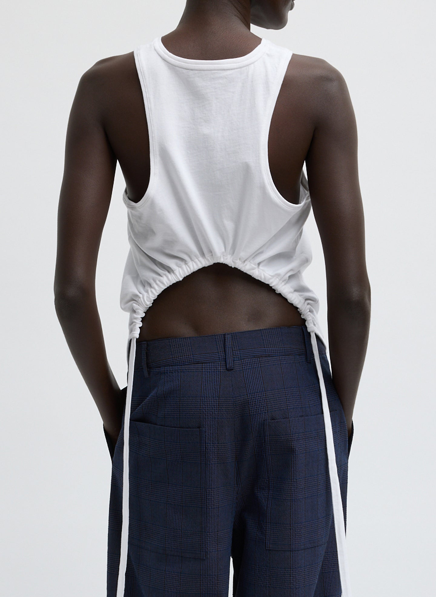 White Shirred Back Tank Top - open back tank top, back view on model