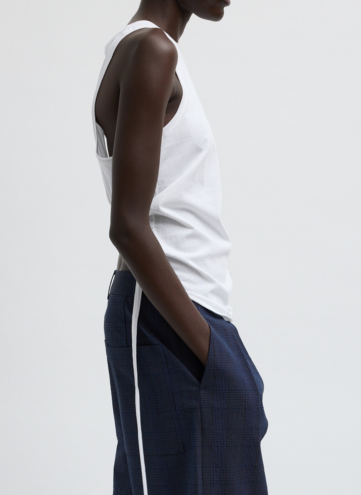 White Shirred Back Tank Top - open back tank top, side view on model