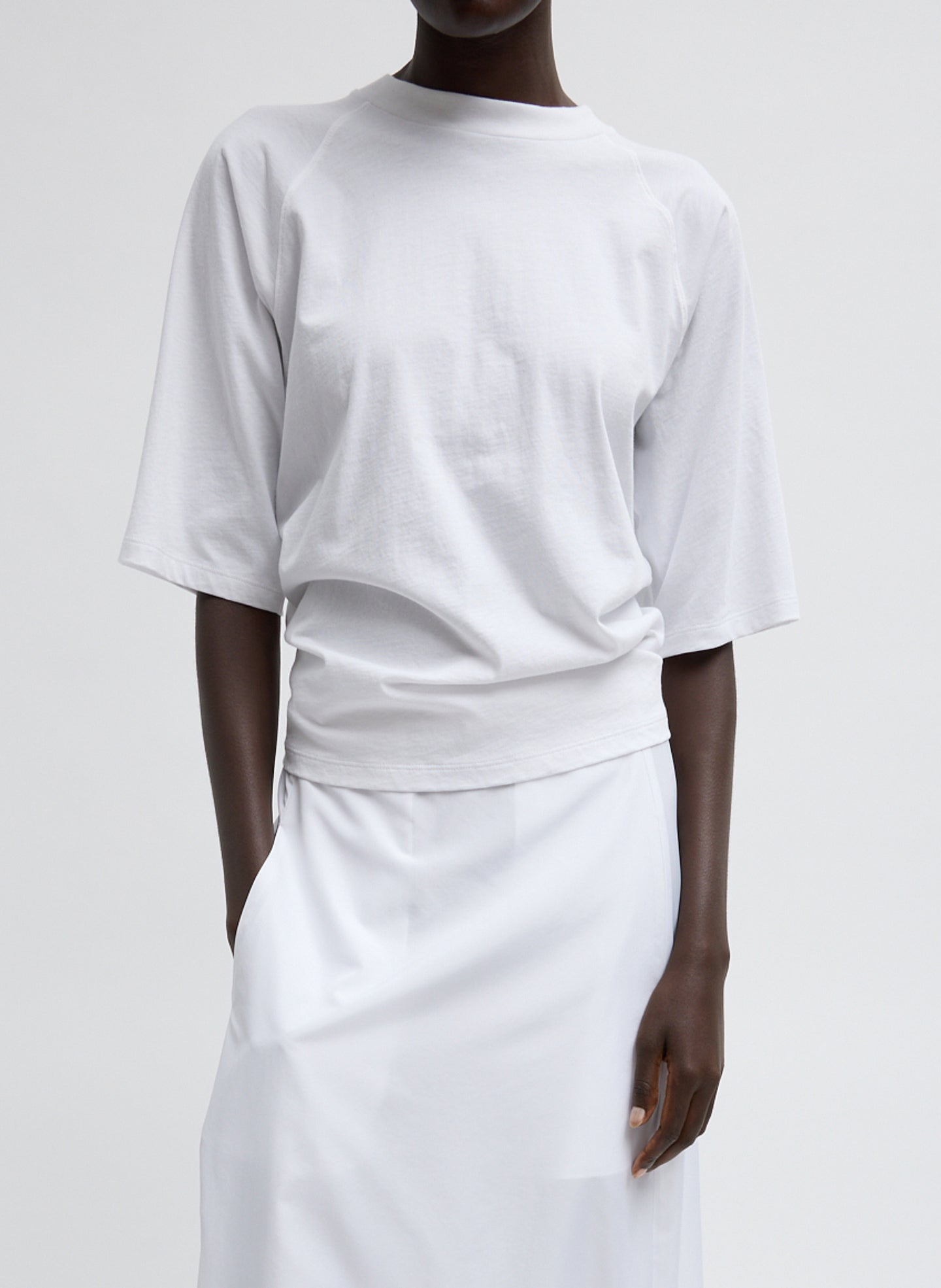 White Short Sleeve Shirred Back T-Shirt - front view on model