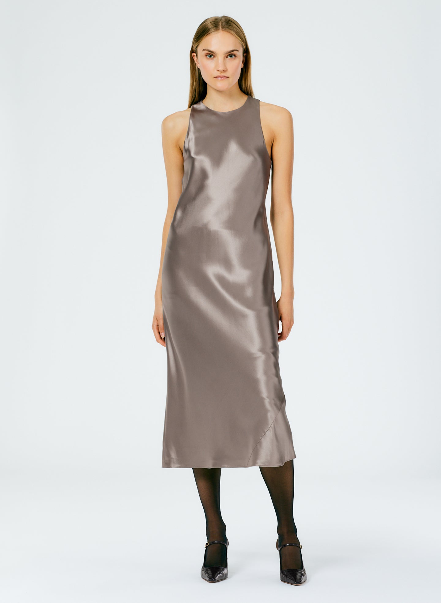 Grey satin midi dress hotsell