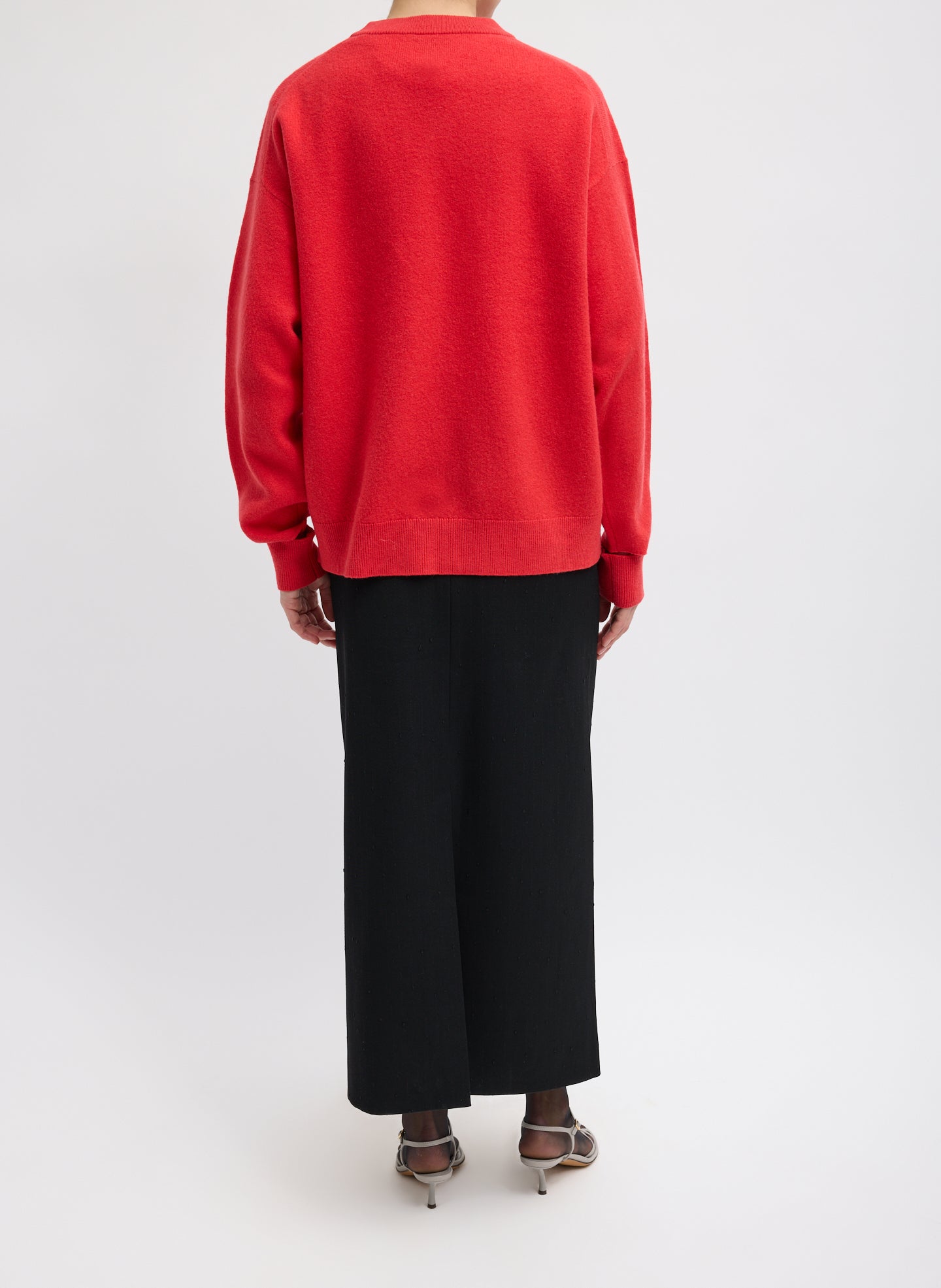 Red Boiled Wool Crewneck Easy Pullover - full look, back view on model