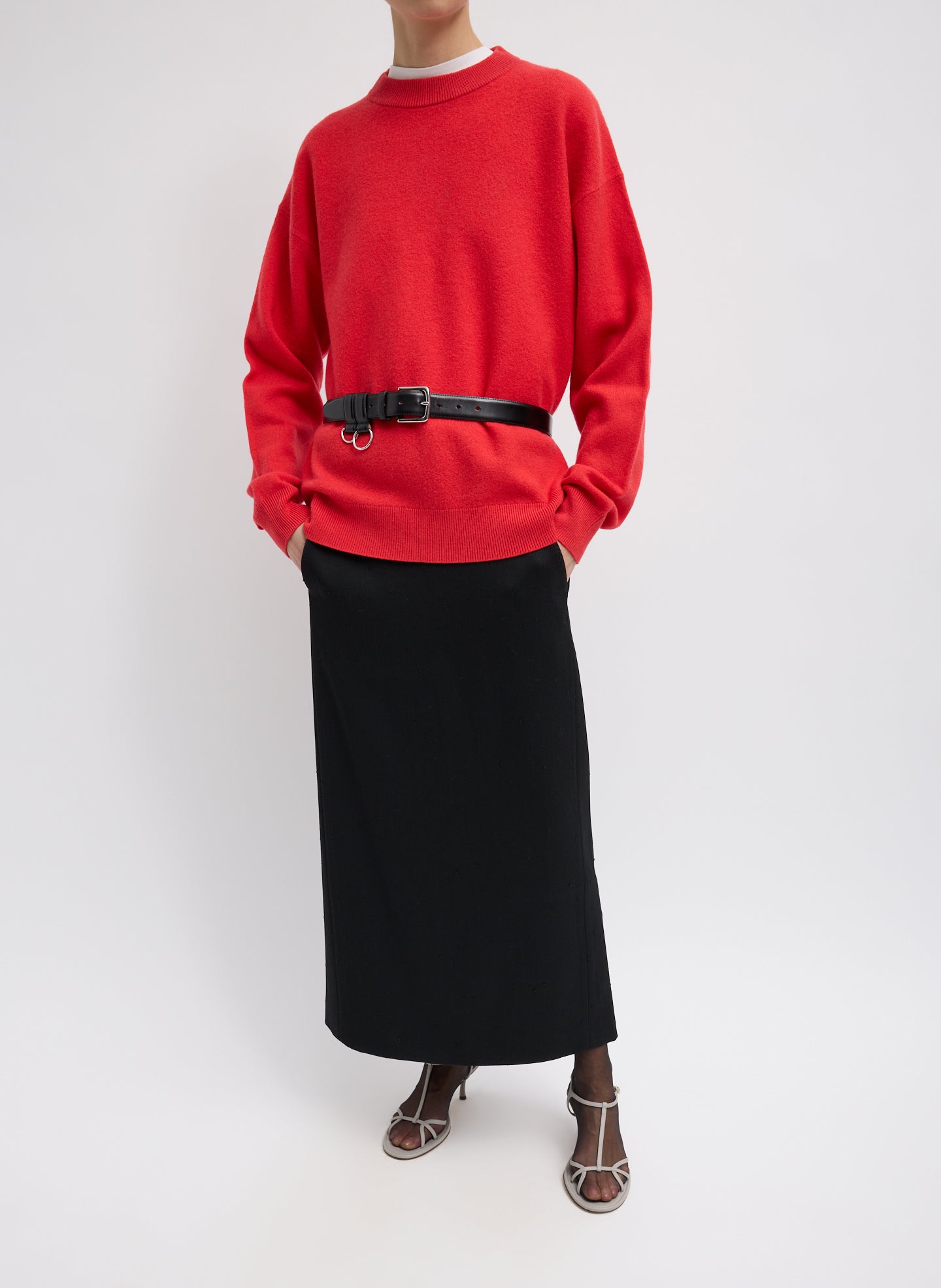 Red Boiled Wool Crewneck Easy Pullover - belted, full look, front view on model