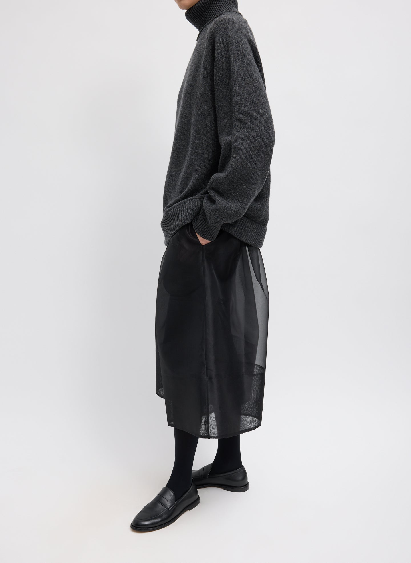 Grey Cashmere Turtleneck Oversized Pullover Sweater - full look, side view on model