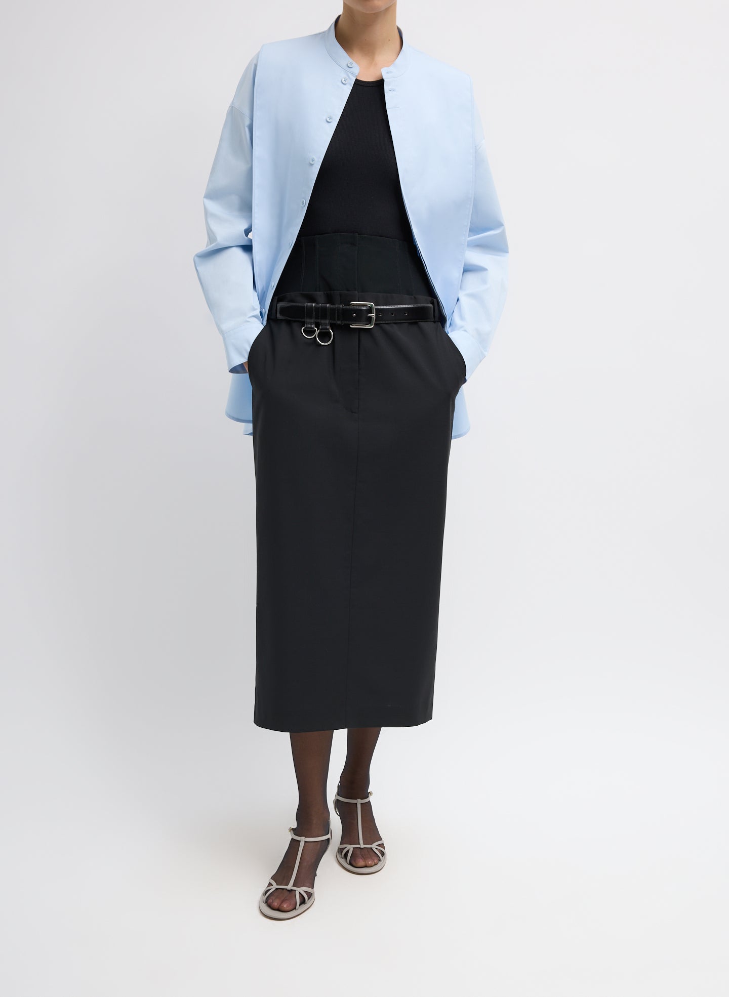 Chambray Blue Eco Poplin Tuxedo Shirt With Bib Flap - unbuttoned, full look, front view on model