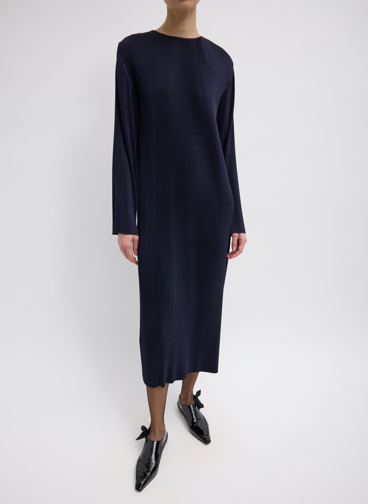 Dark Navy Plisse Midi Dress - long sleeve, front view on model