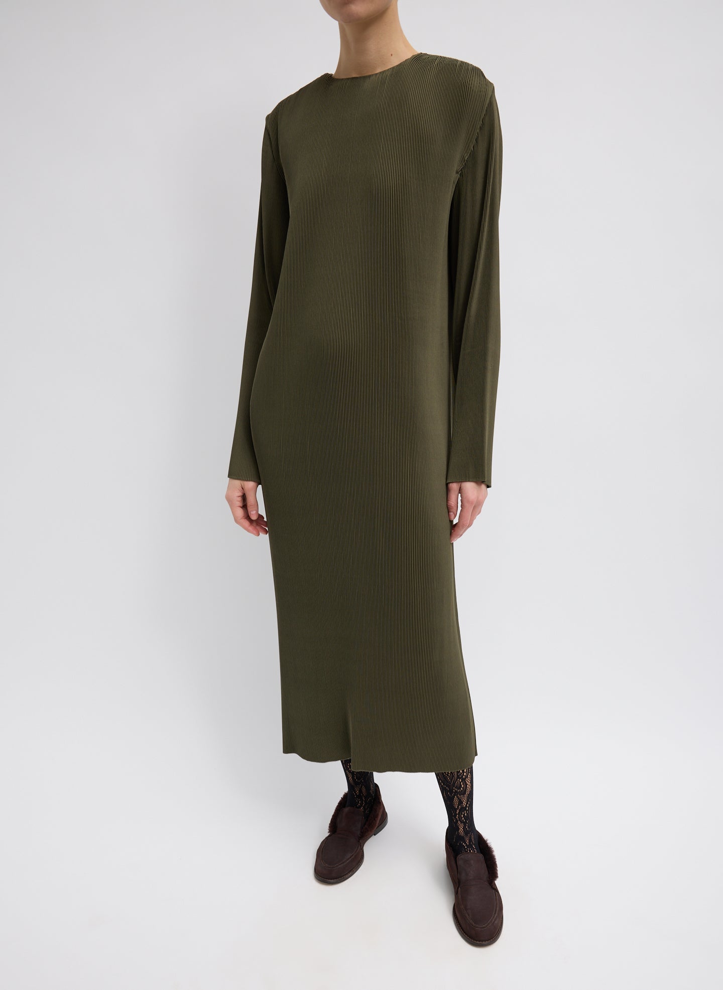Dark Green Plisse Midi Dress - long sleeve, front view on model