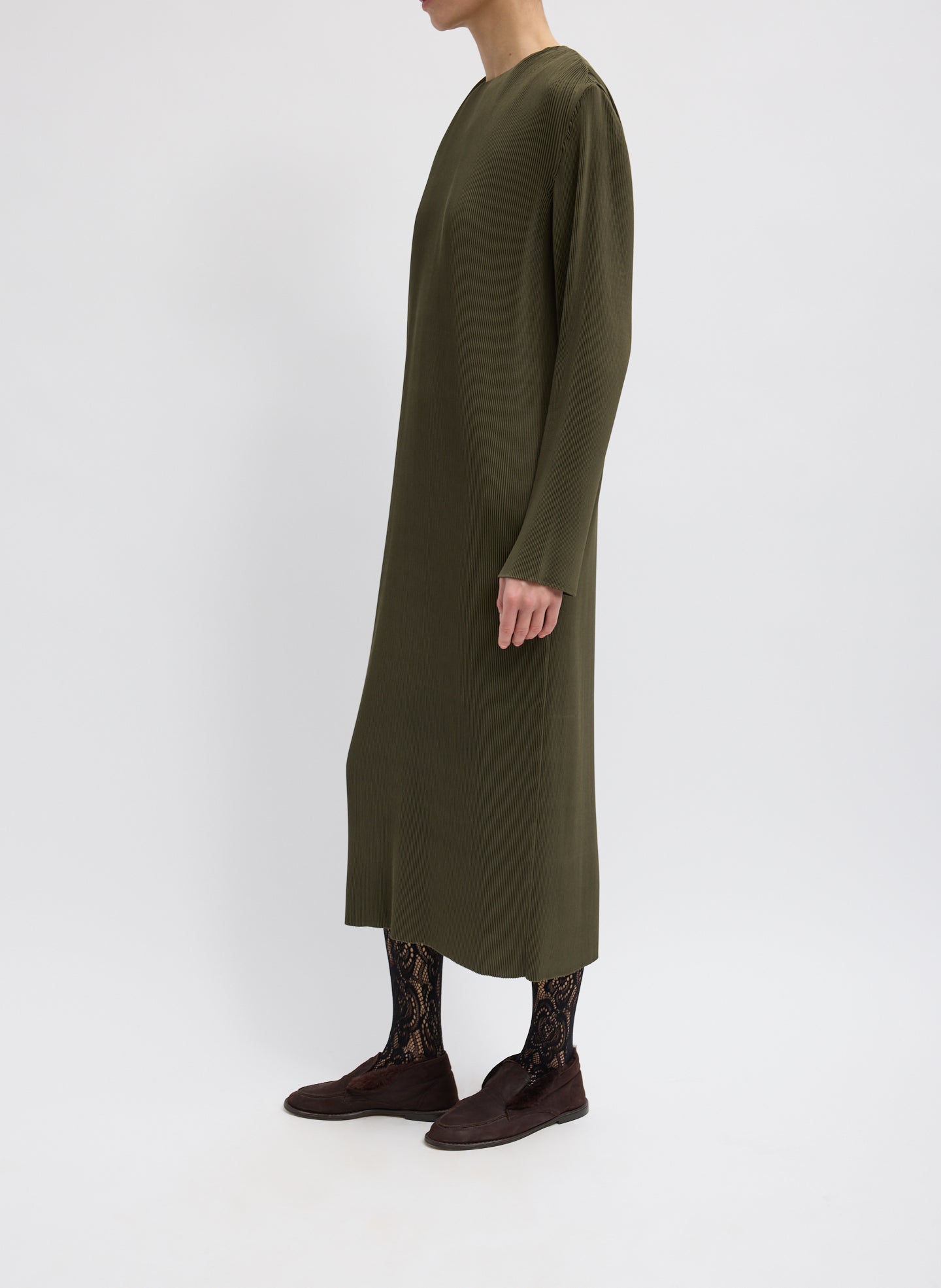 Dark Green Plisse Midi Dress - long sleeve, side view on model