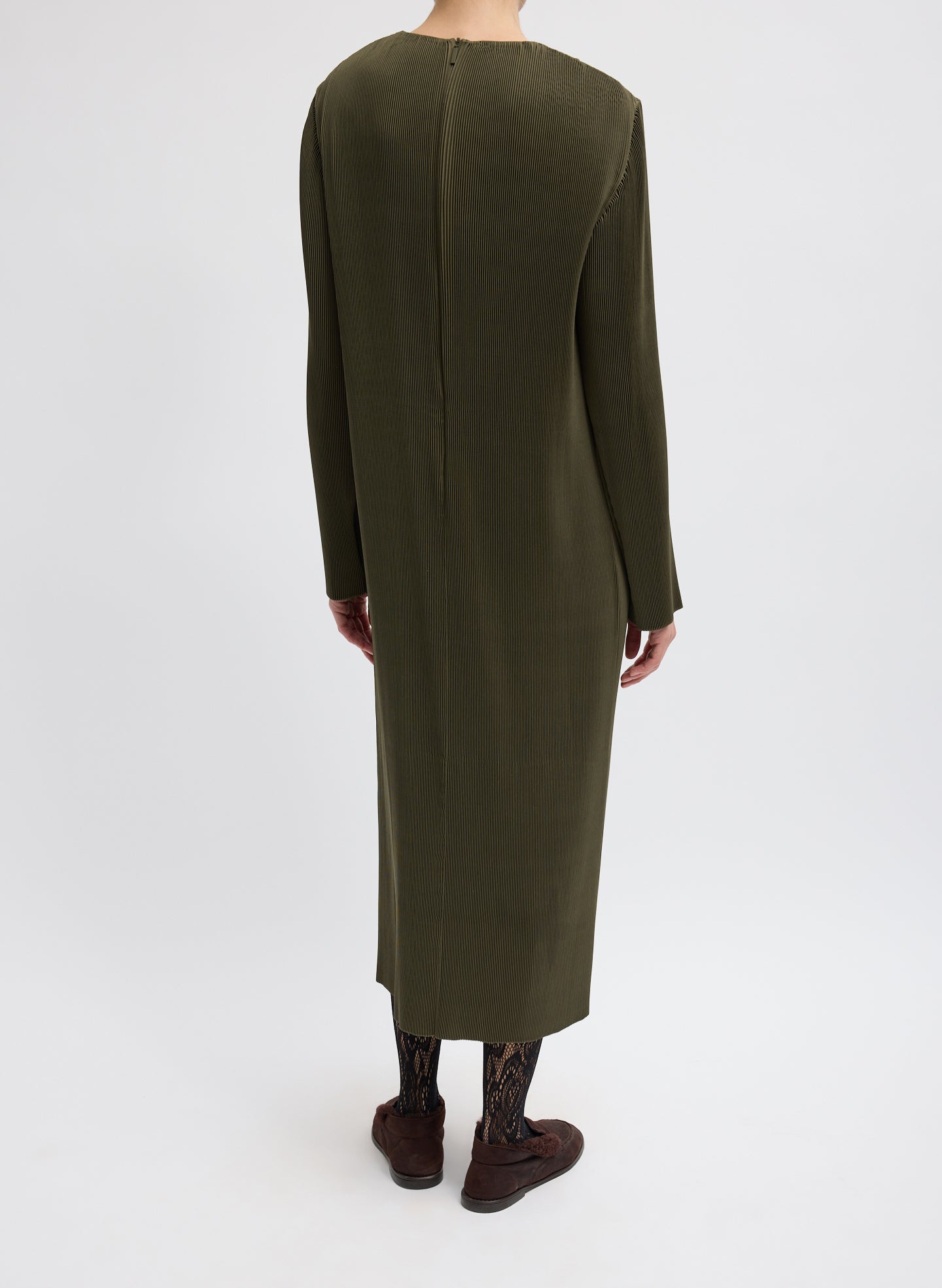 Dark Green Plisse Midi Dress - long sleeve, back view on model