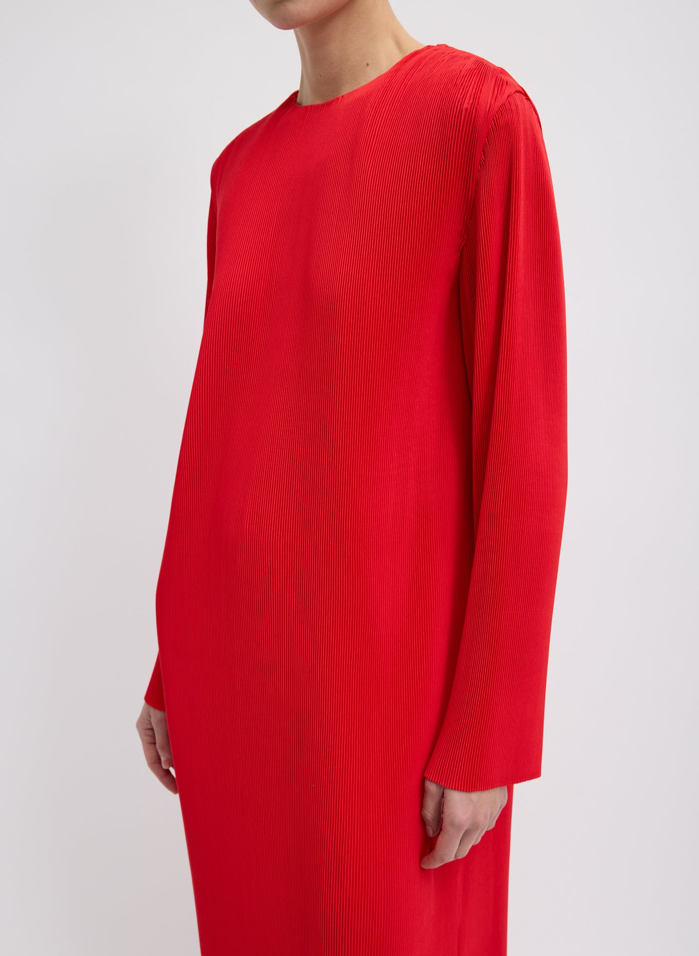 Red Plisse Midi Dress - long sleeve, closeup