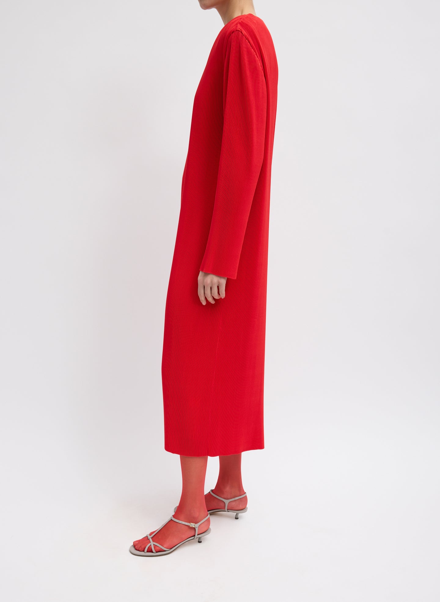 Red Plisse Midi Dress - long sleeve, side view on model