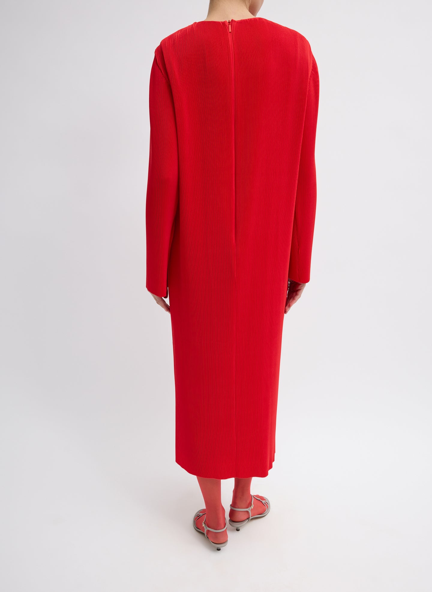 Red Plisse Midi Dress - long sleeve, back view on model
