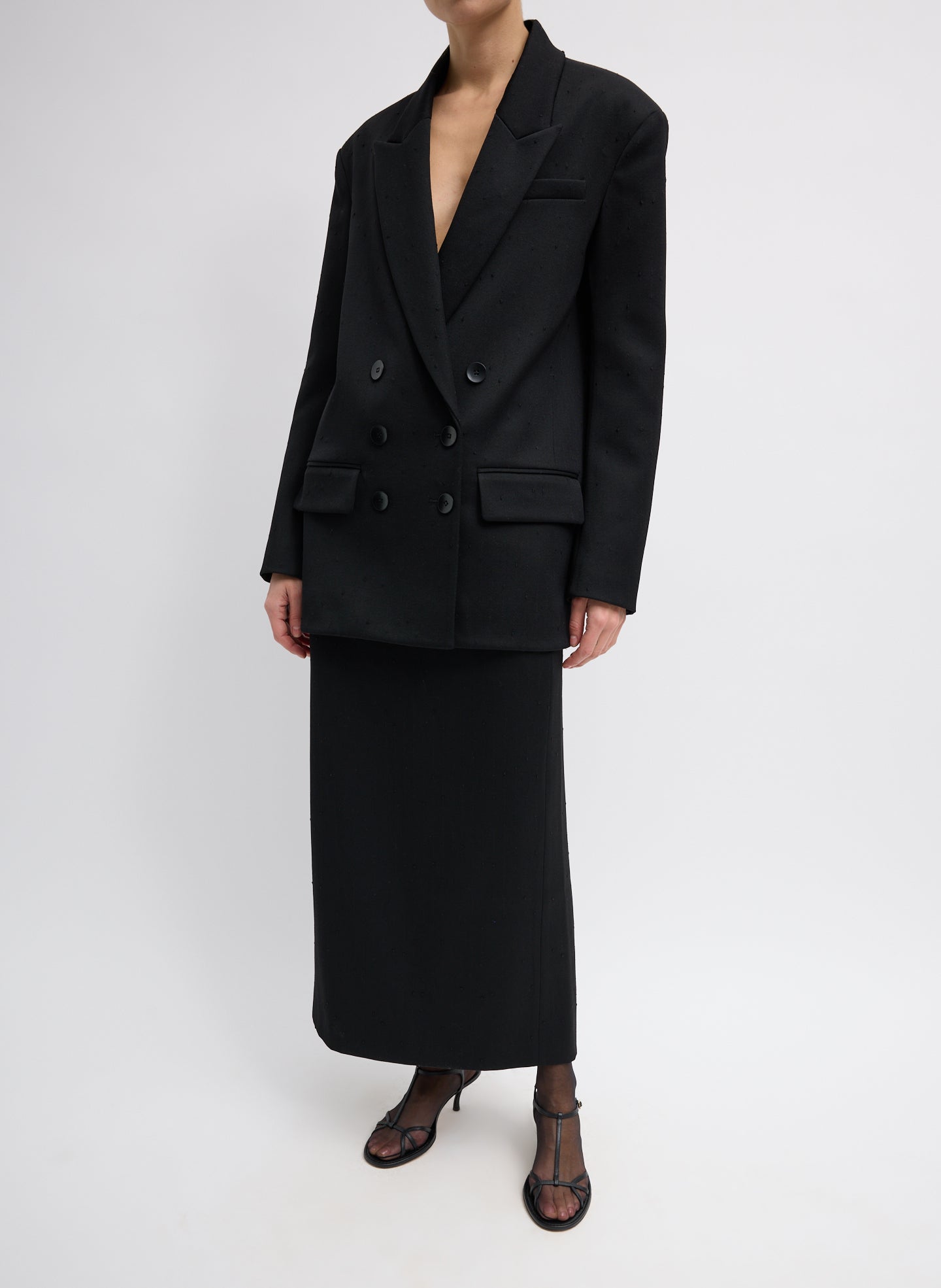 Black Refined Wool Slub Pencil Skirt - full look with blazer, front view on model