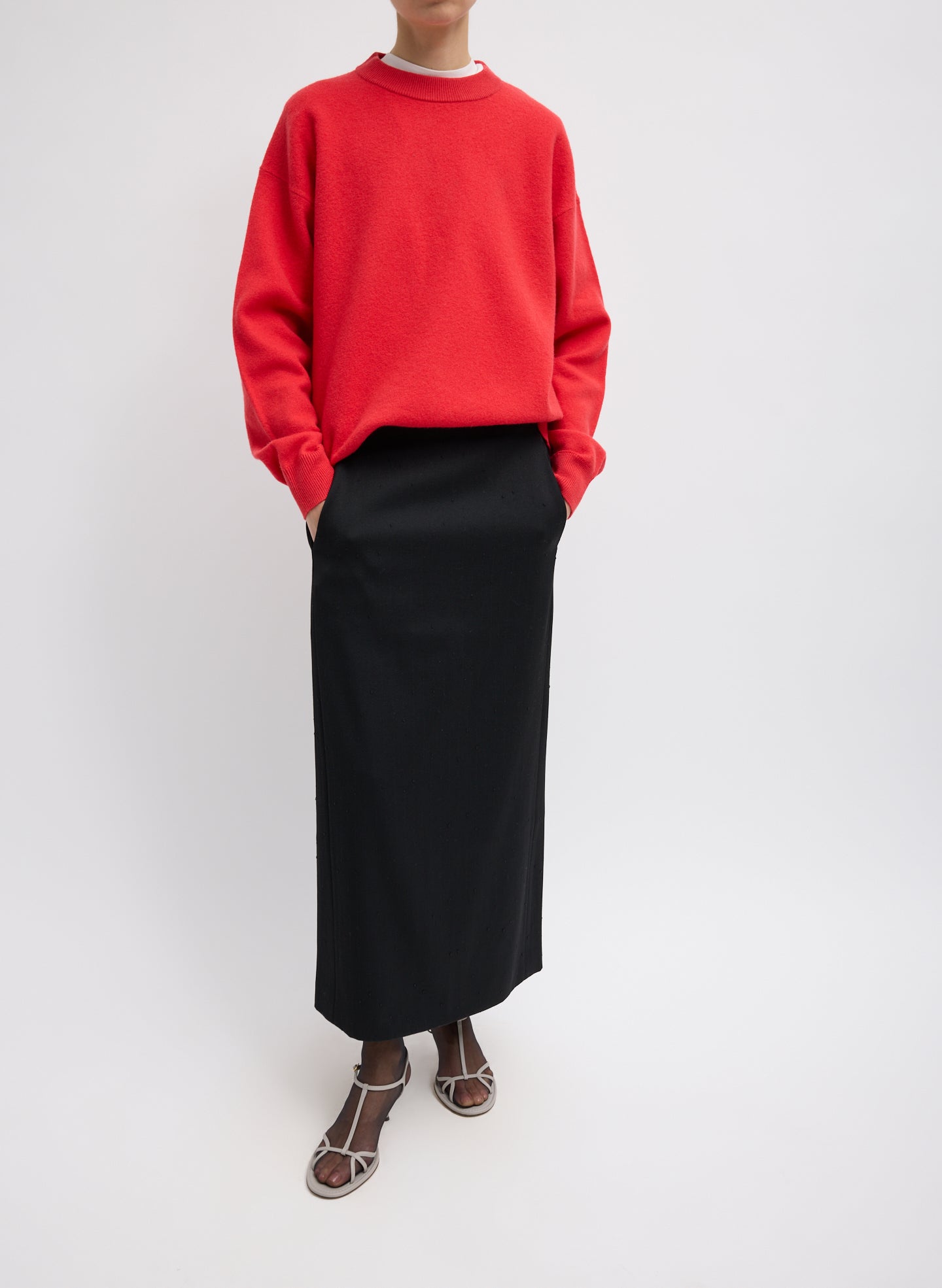 Black Refined Wool Slub Pencil Skirt - full look, front view on model