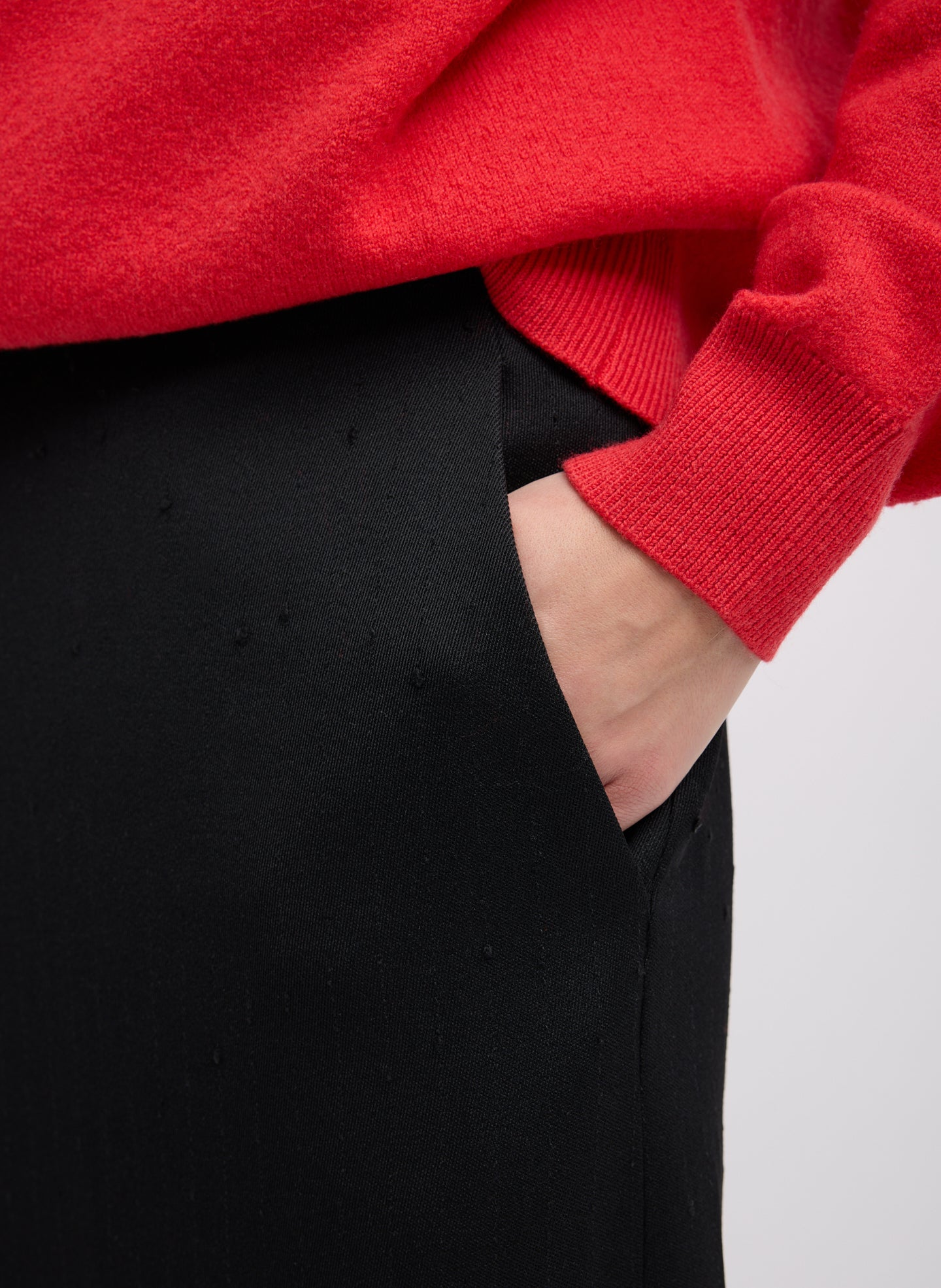 Black Refined Wool Slub Pencil Skirt - closeup of side pocket detail