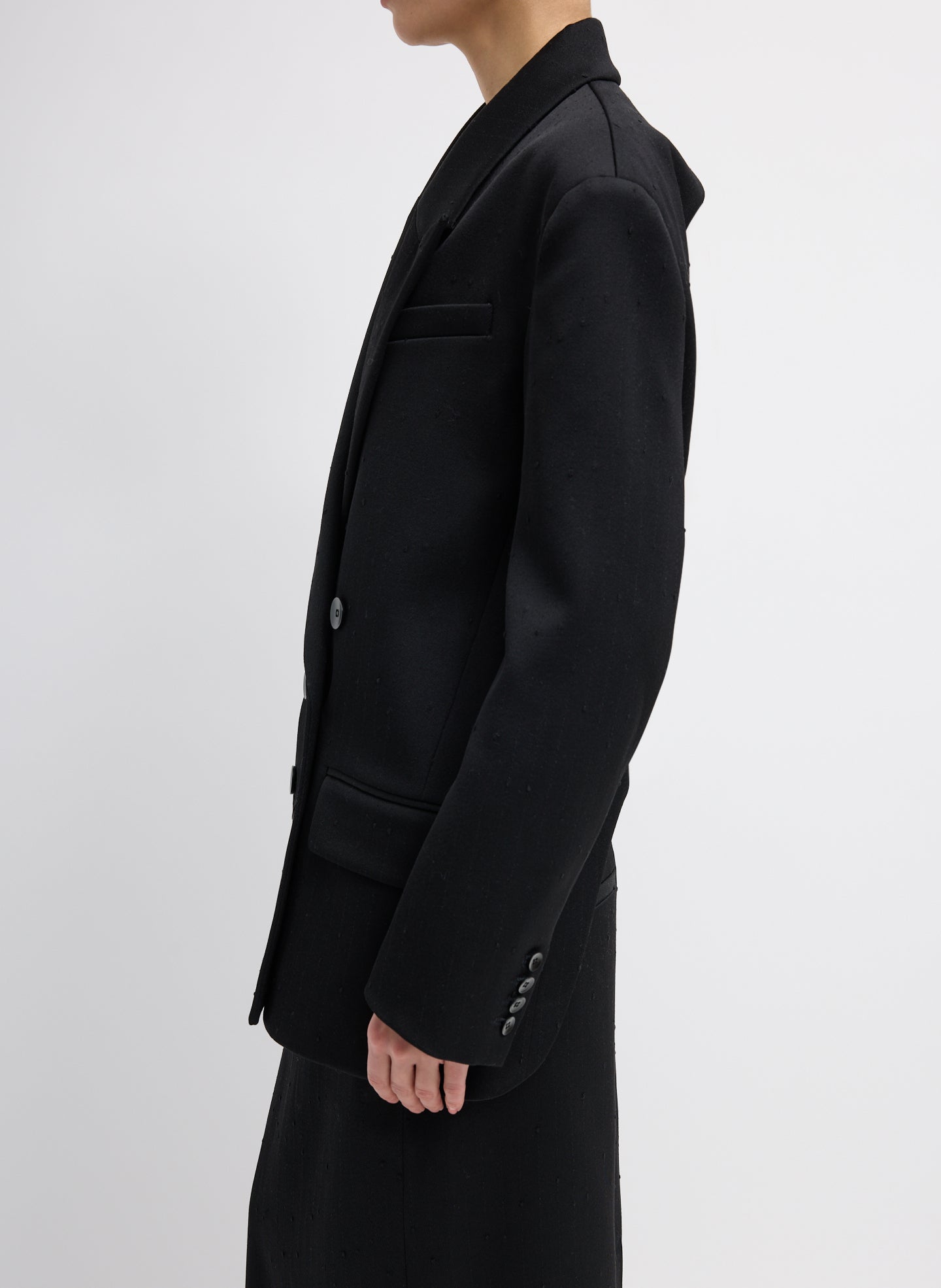 Black Refined Wool Slub Blazer With Cut Out Organza Back - double-breasted, side view on model