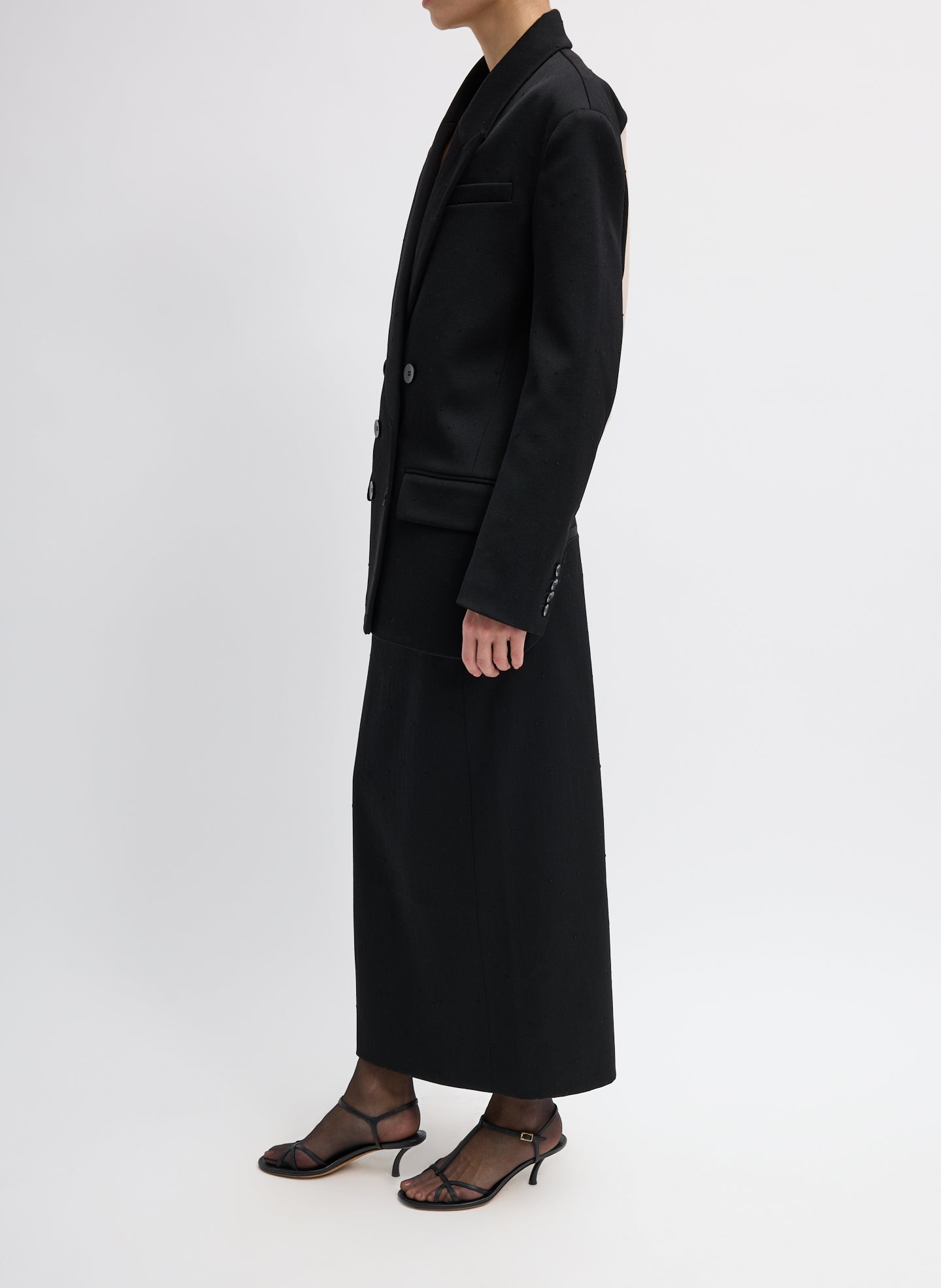 Black Refined Wool Slub Blazer With Cut Out Organza Back - full look, side view on model