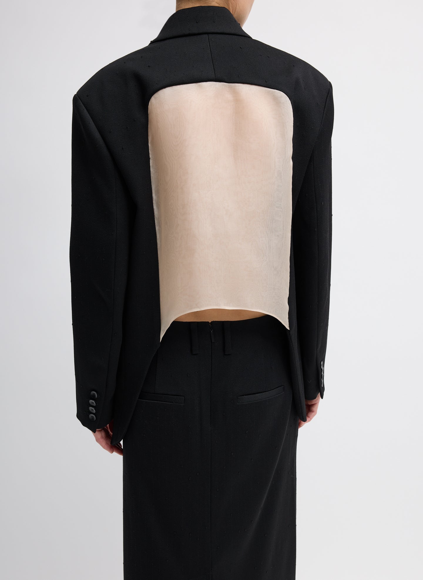 Black Refined Wool Slub Blazer With Cut Out Organza Back - double-breasted, back view on model