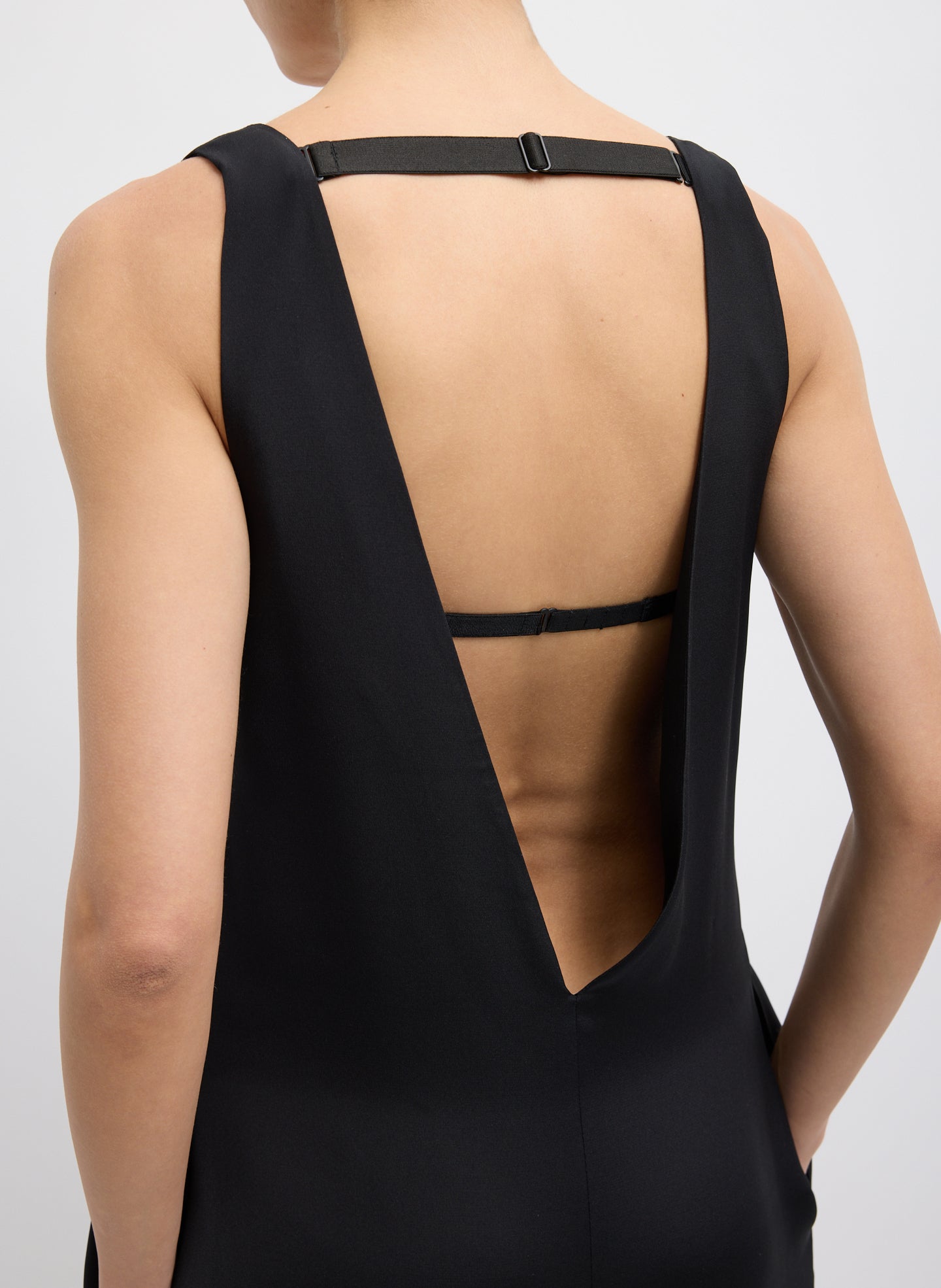 Black 4-Ply Silk V-Neck Dress With Bra - closeup of back