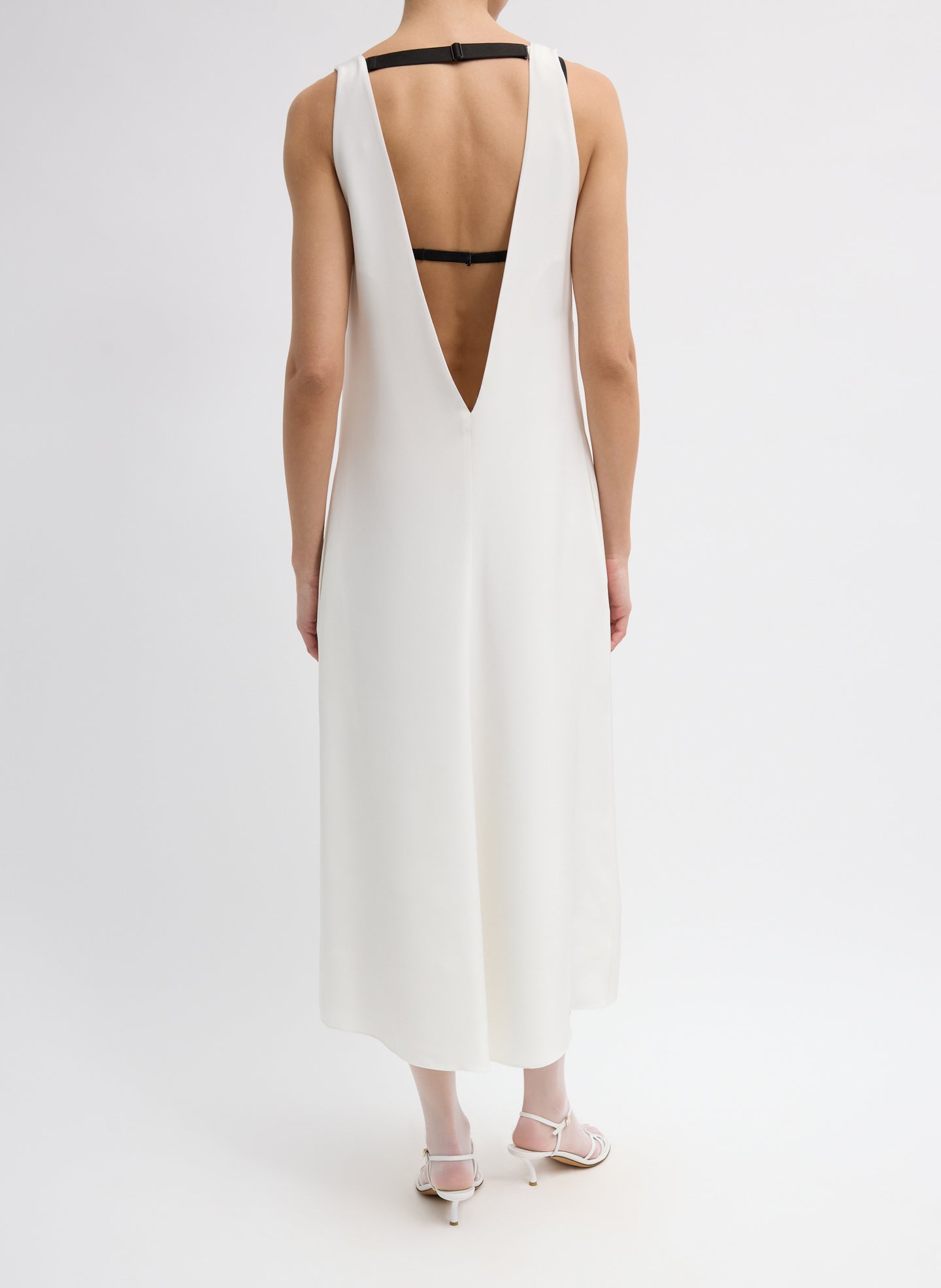 Ivory 4-Ply Silk V-Neck Dress With Bra - low cut v-neck, back view on model