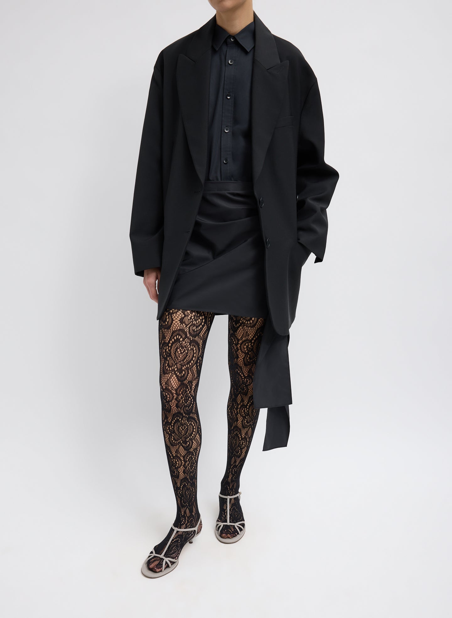 Black Italian Sporty Nylon Ribbon Mini Skirt - full look with blazer, front view on model