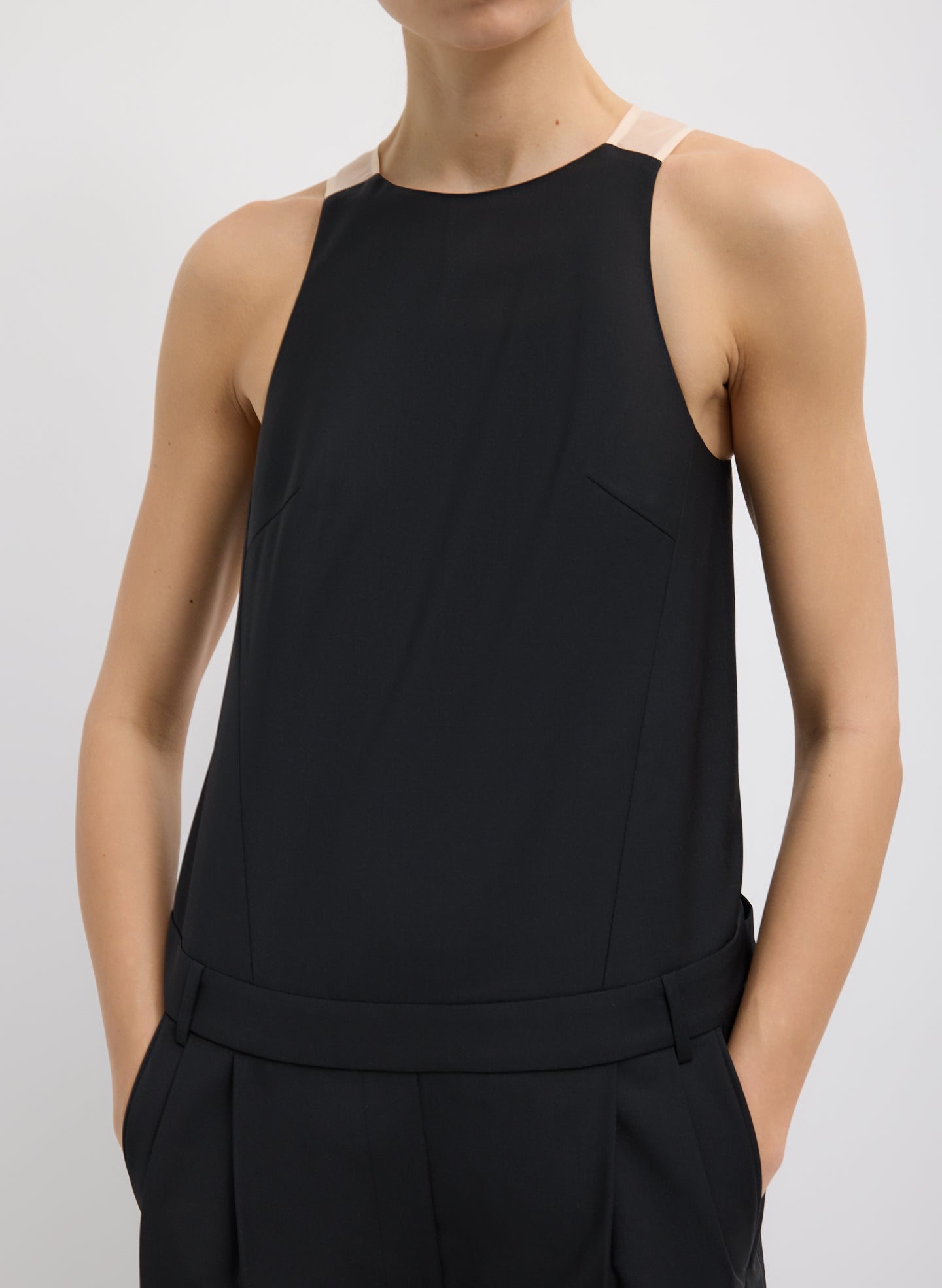 Black Recycled Tropical Wool Jumpsuit - closeup of front view on model