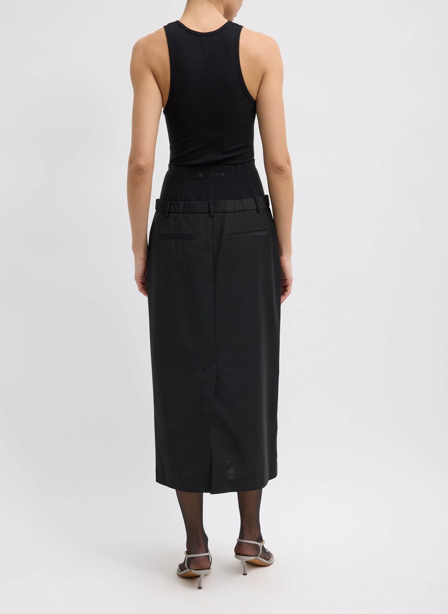 Black Recycled Tropical Wool Corset Maxi Trouser Skirt - double waisted, back view on model