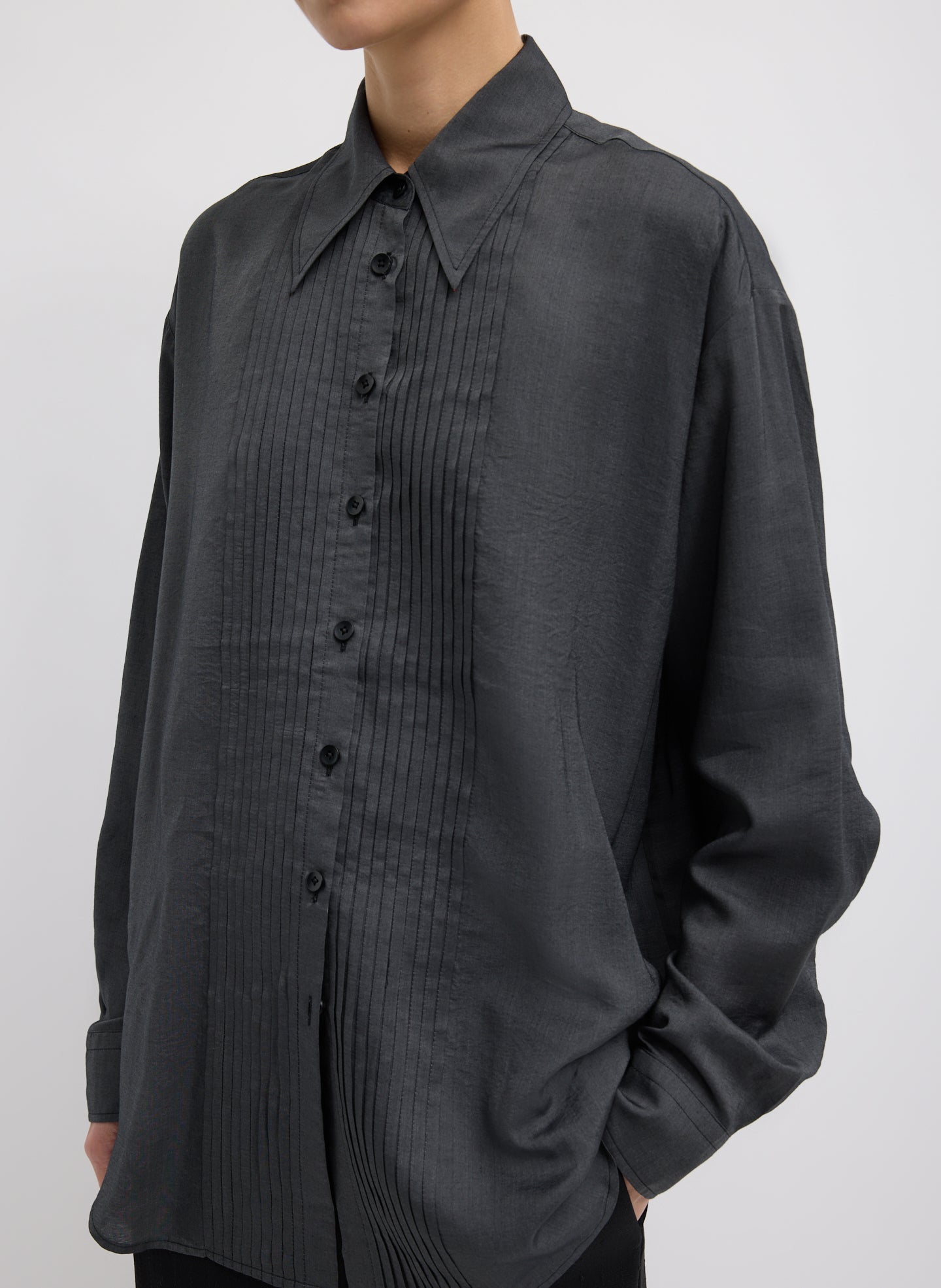 Graphite Silk Voile Easy Pintucked Shirt - button down, front view on model