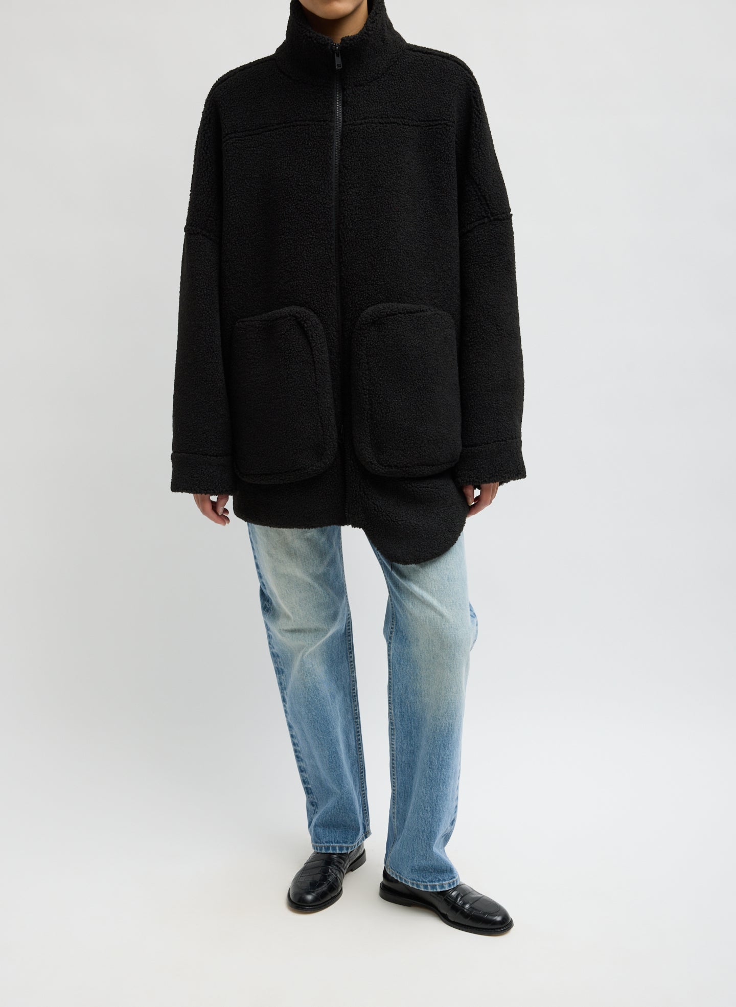 Black Cozy Fleece Zip Up Bomber Jacket - front view on model