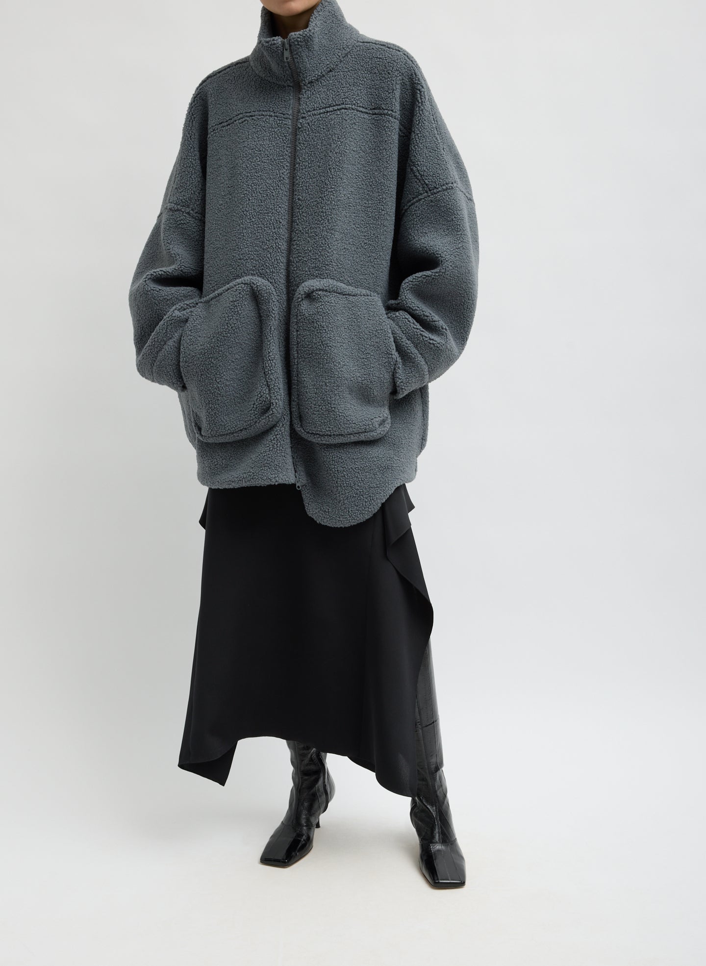 Grey Cozy Fleece Zip Up Bomber Jacket - front view on model