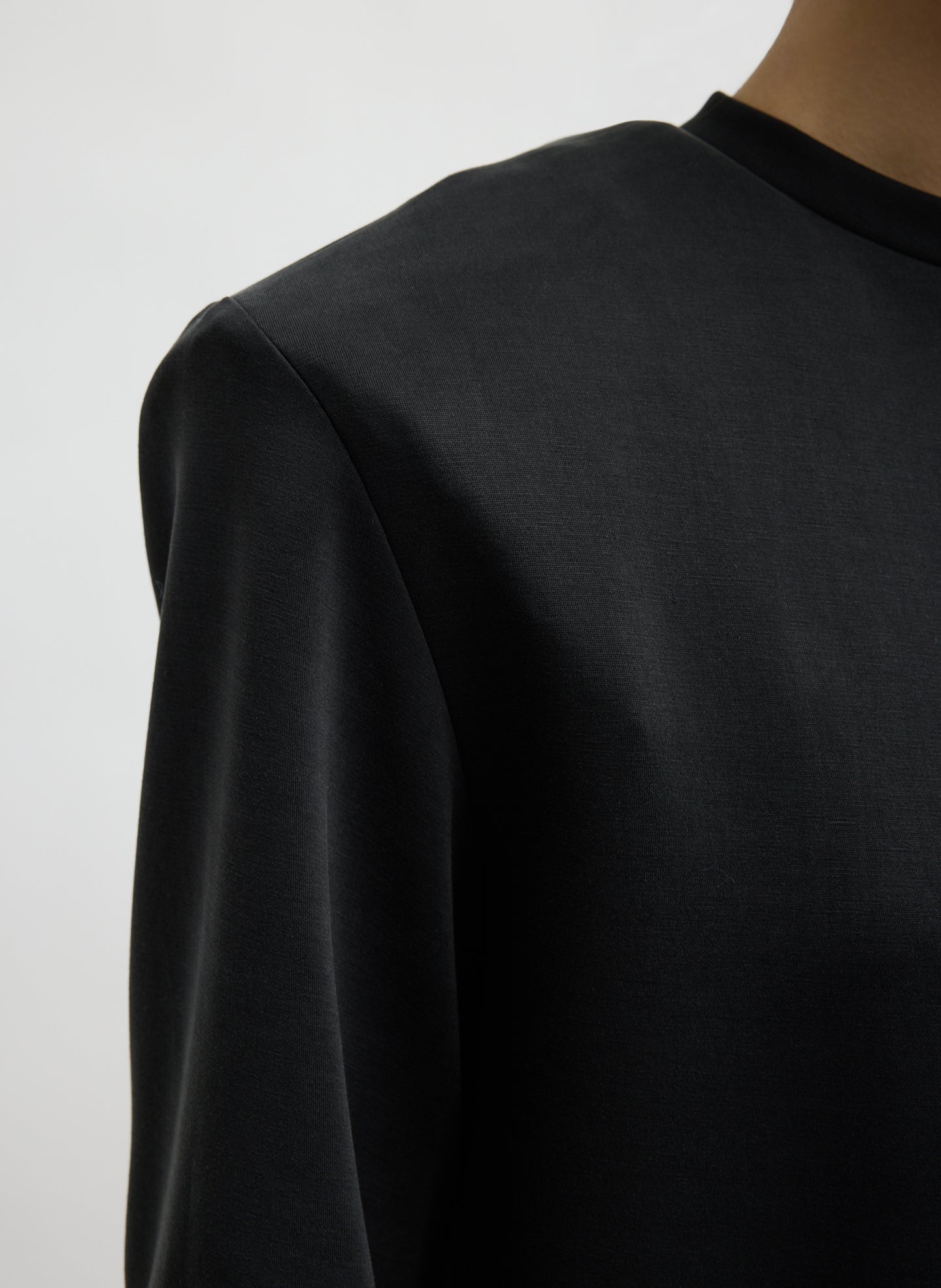 Black Feather Weight Viscose Neoprene Removable Shoulder Pad Top - closeup of shoulder pad detail