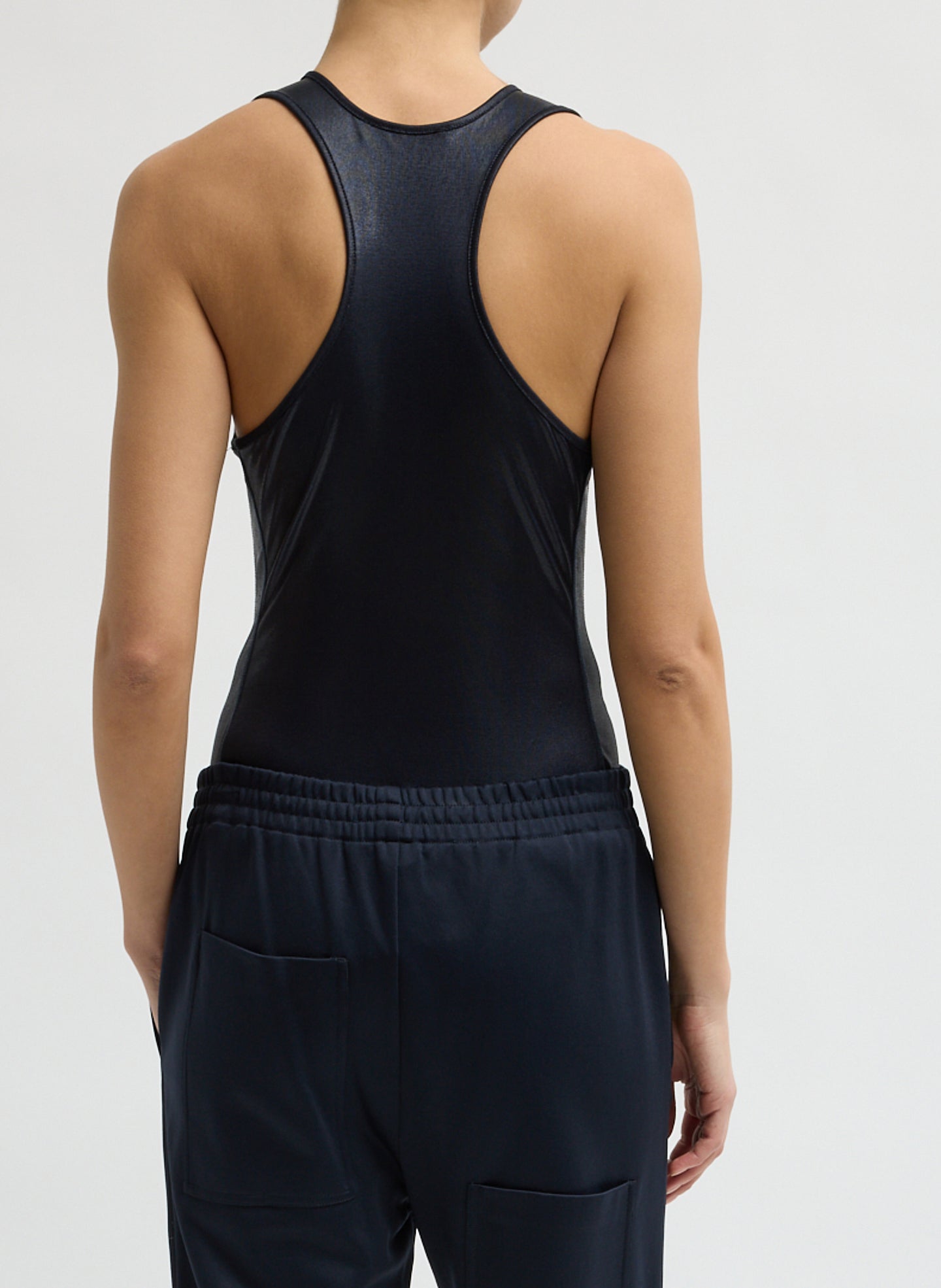 Navy Metallic Knit Crewneck Racerback Bodysuit - back view on model