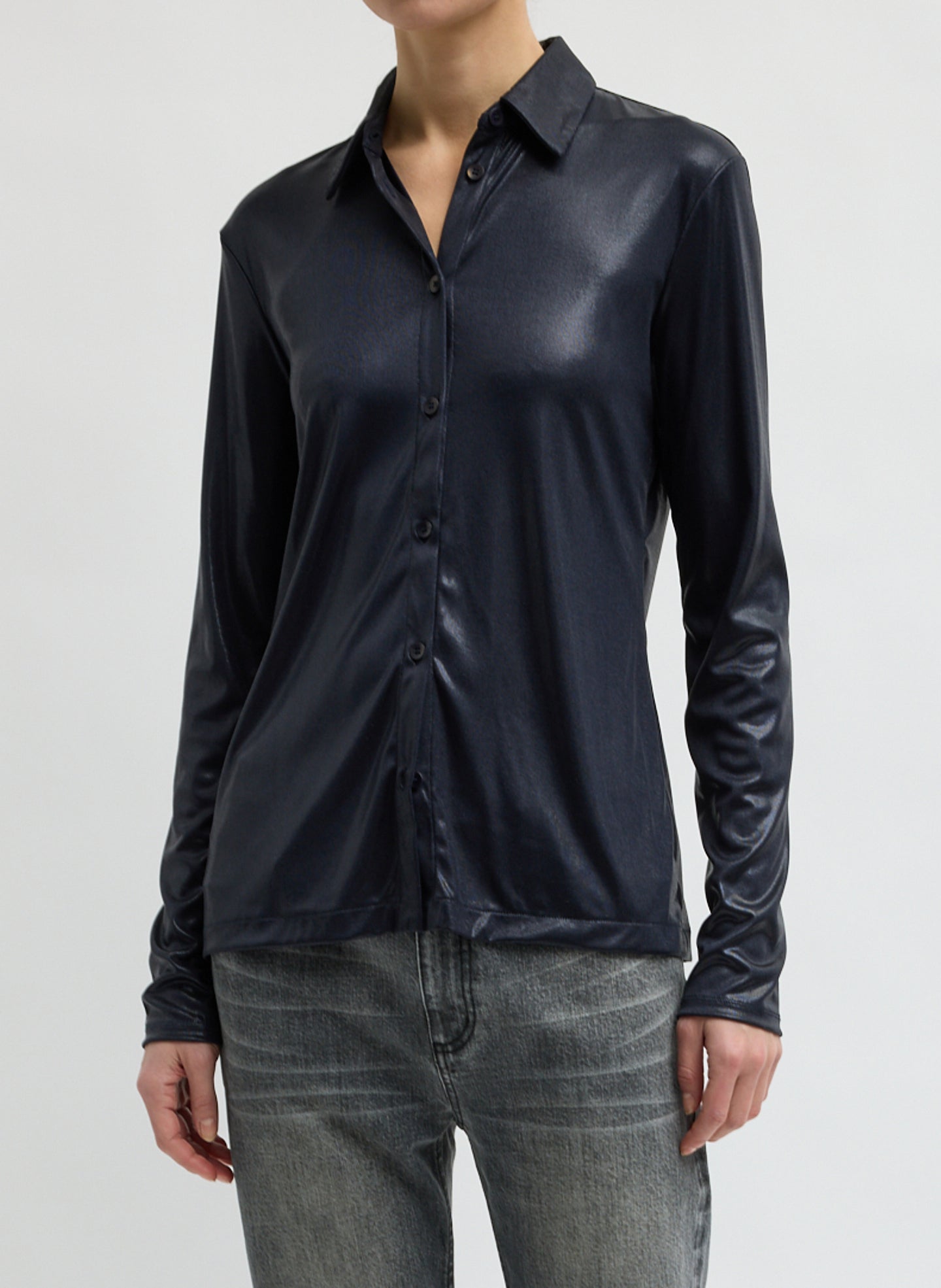 Metallic Knit Slim Long Sleeve Shirt - Navy Metallic Knit Slim Long Sleeve Shirt - button down top, front view on model