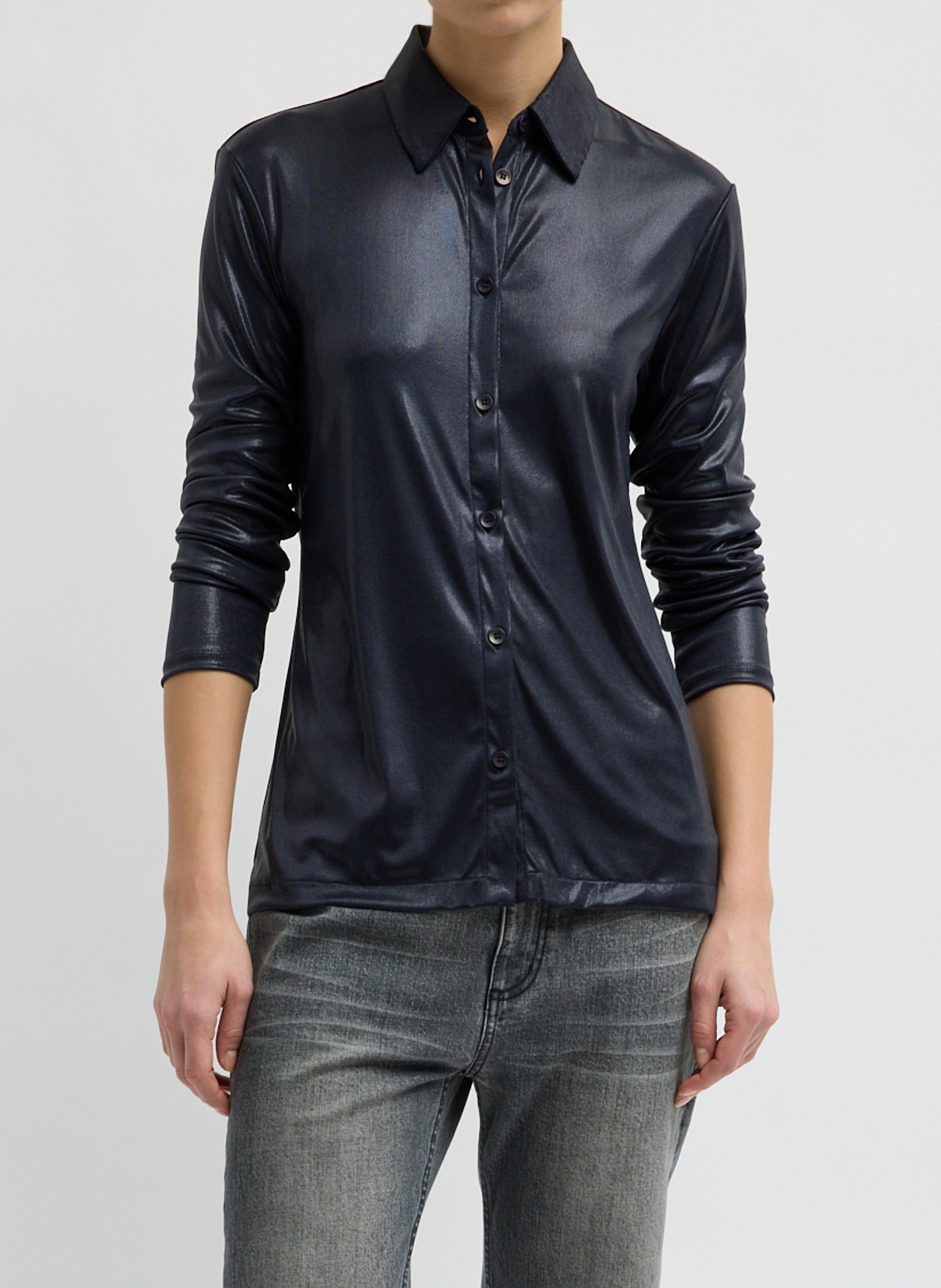 Navy Metallic Knit Slim Long Sleeve Shirt - button down top, front view on model