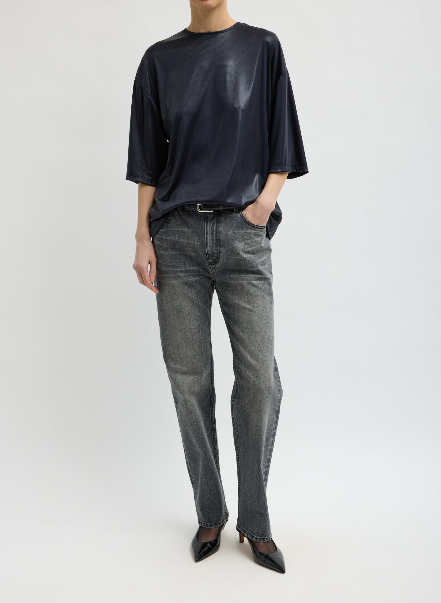 Navy Metallic Knit Easy T-Shirt - full look, front view on model