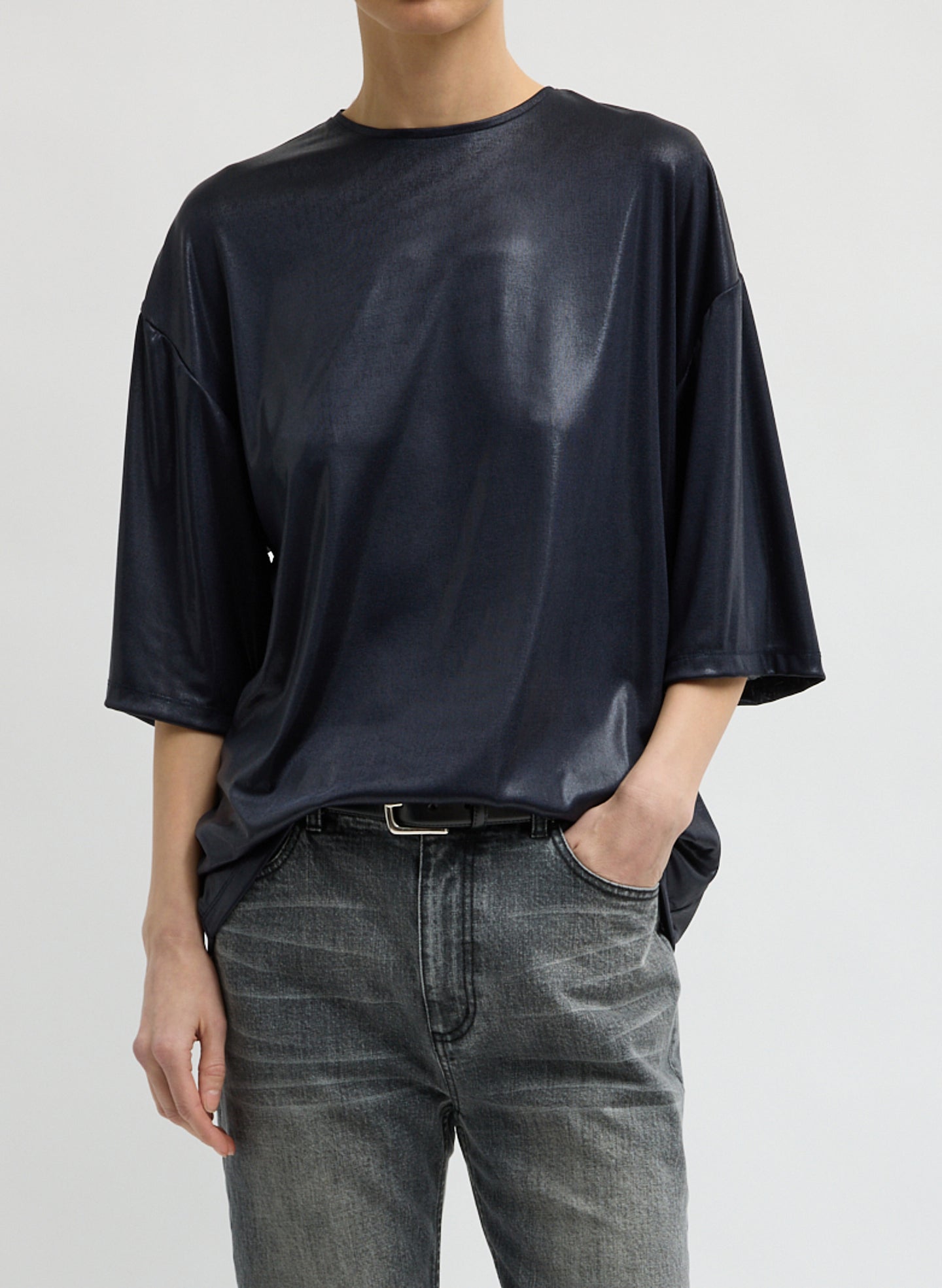 Navy Metallic Knit Easy T-Shirt - oversized t-shirt, front view on model