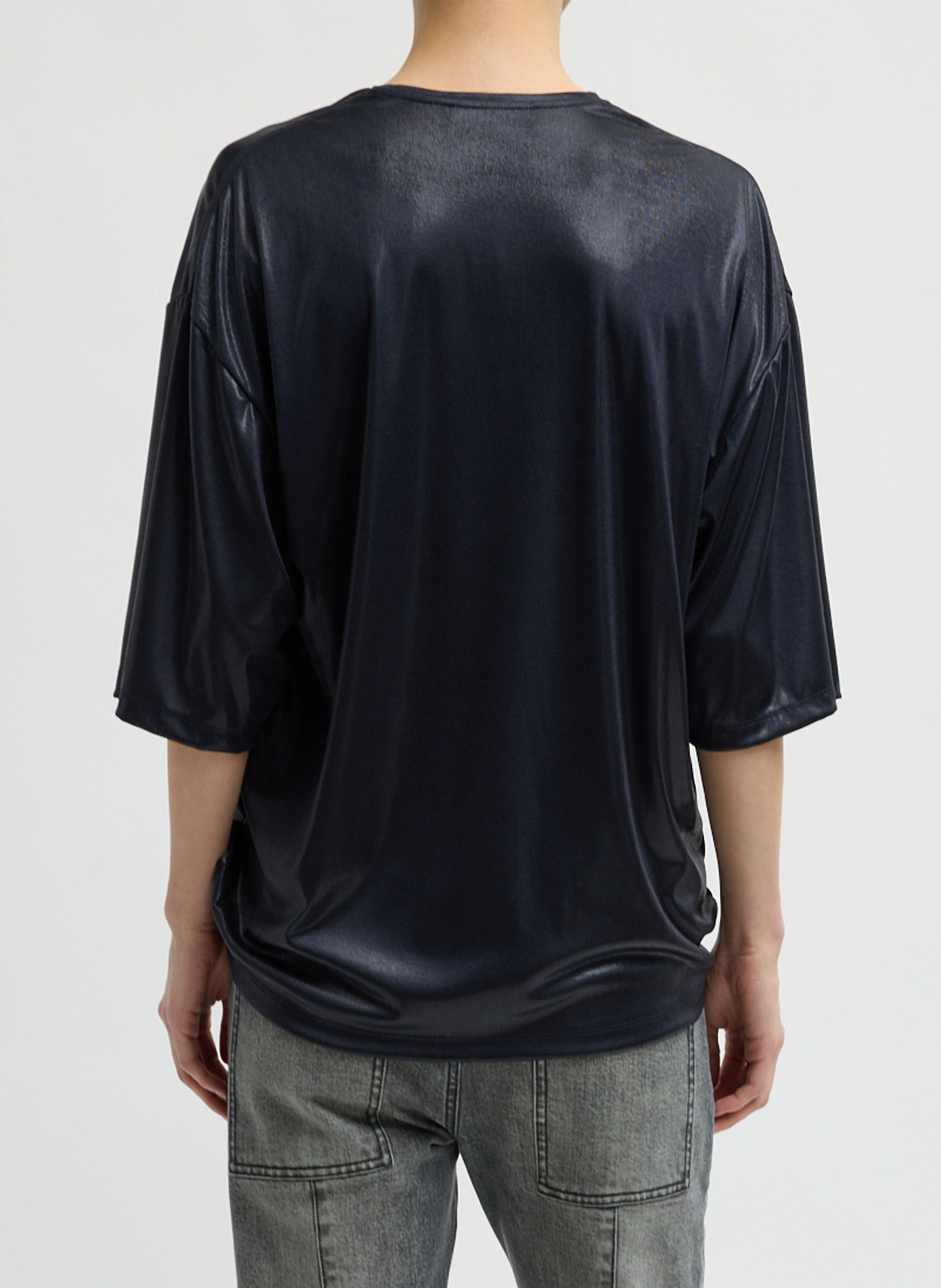 Navy Metallic Knit Easy T-Shirt - oversized t-shirt, back view on model
