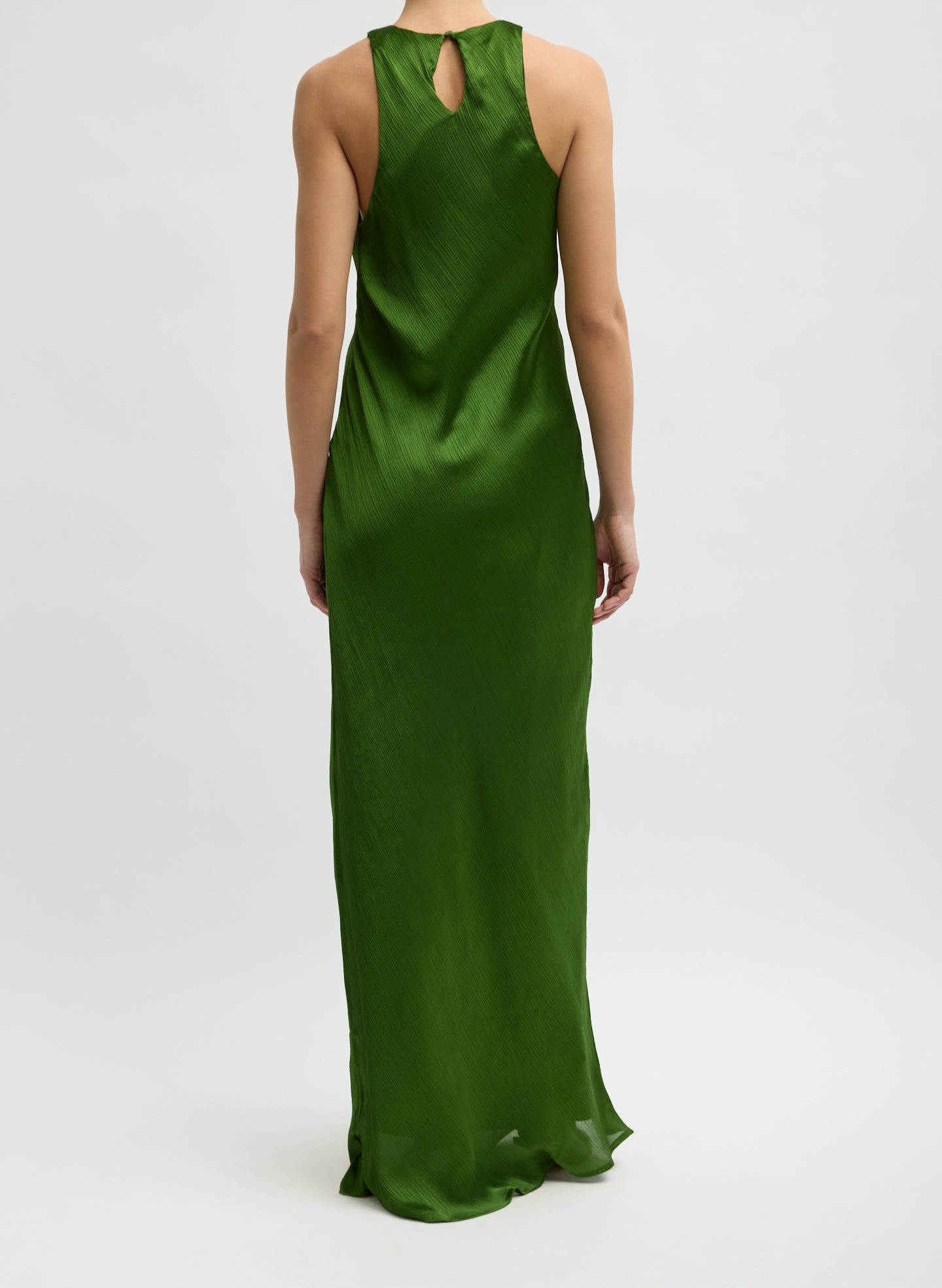 Green Matte Satin Plisse Maxi Bias Dress - back view on model