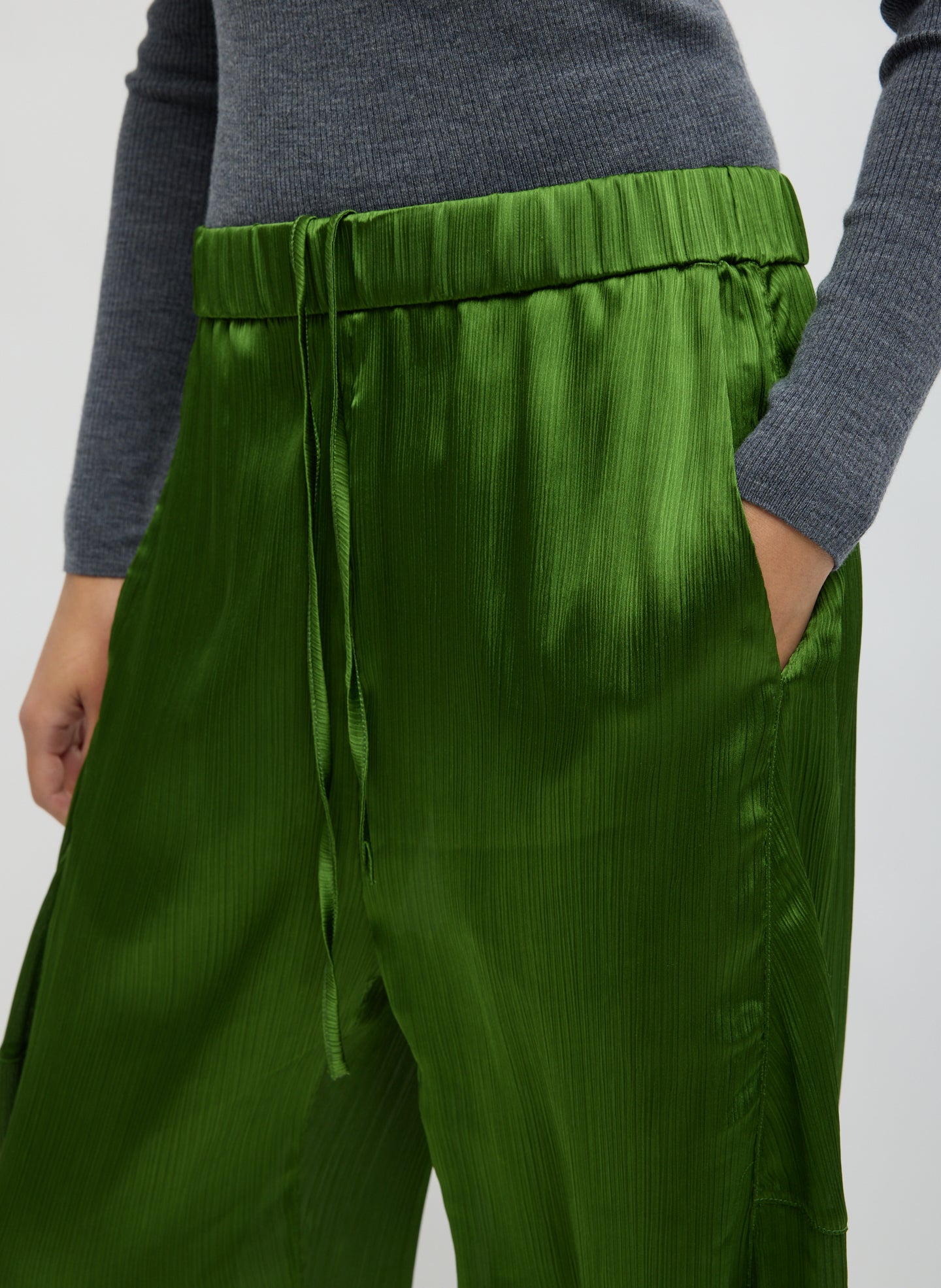 Green Matte Satin Plisse Winslow Pant - closeup matte plisse fabric