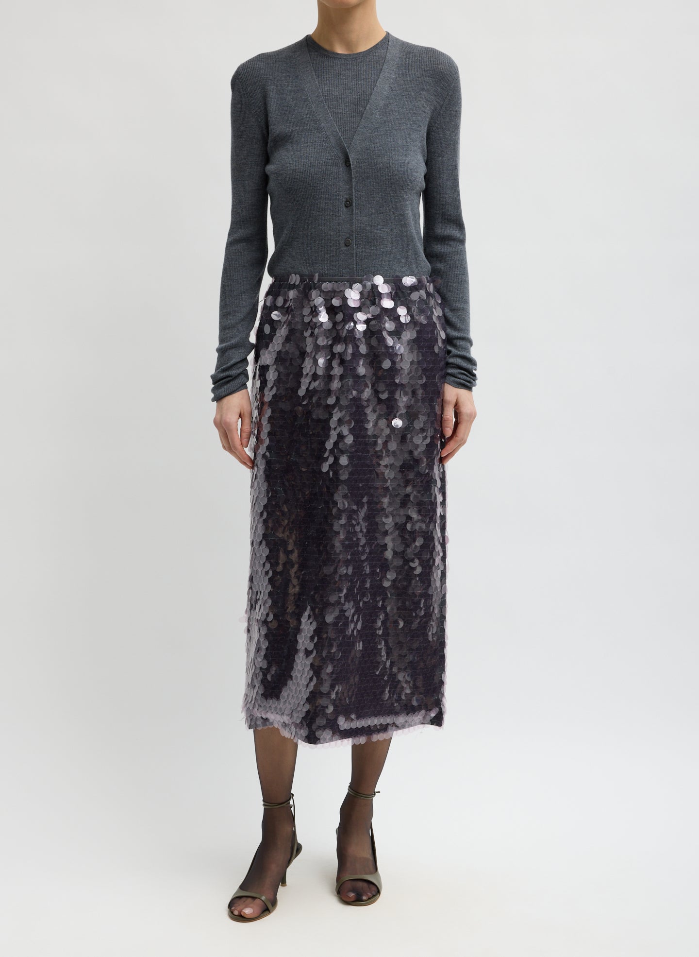 Lavender Grey Pastille Slip Skirt - purple sequin midi skirt, front view on model