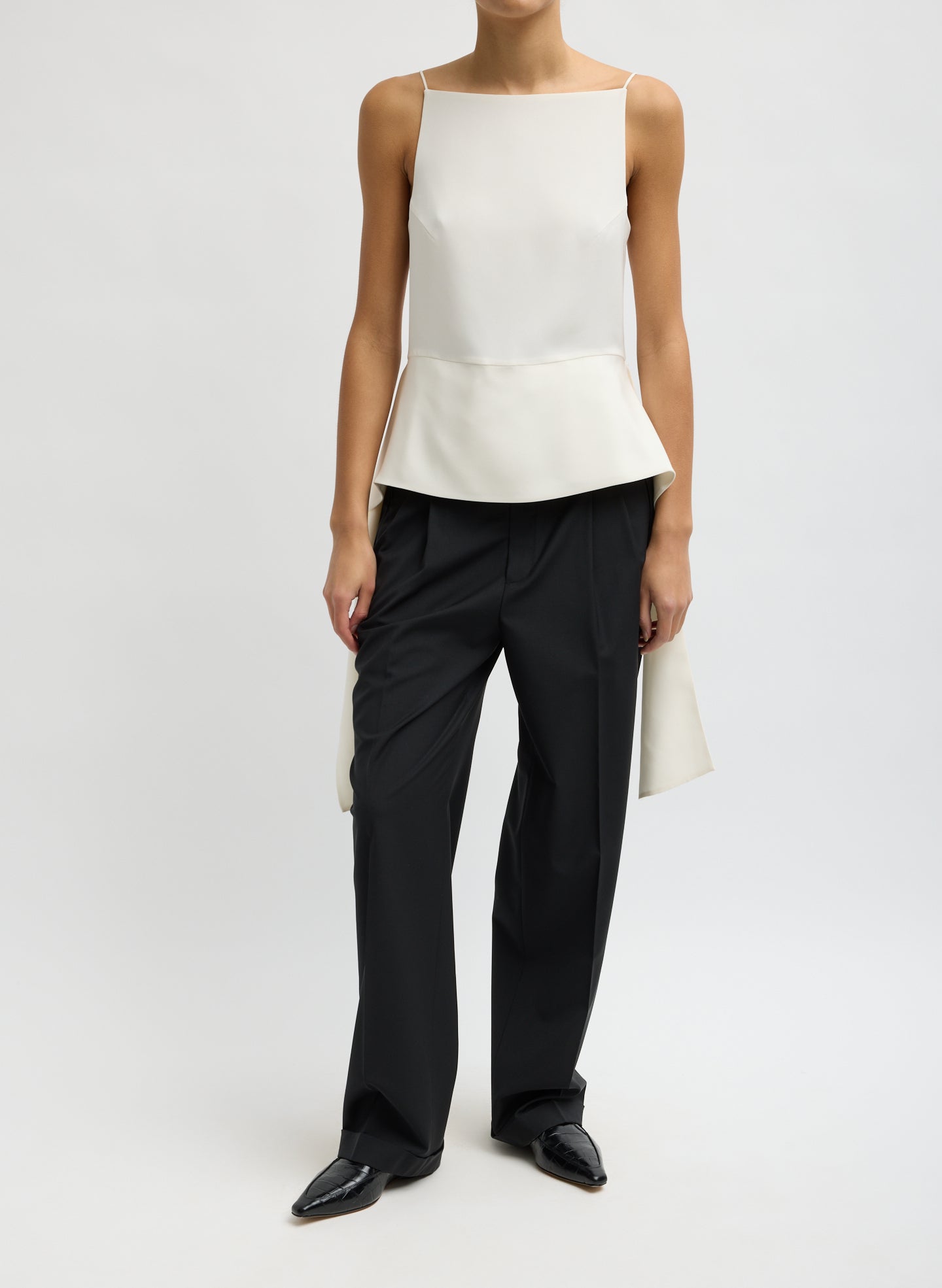 Ivory 4-Ply Silk Side Drape Cami - full look, front view on model