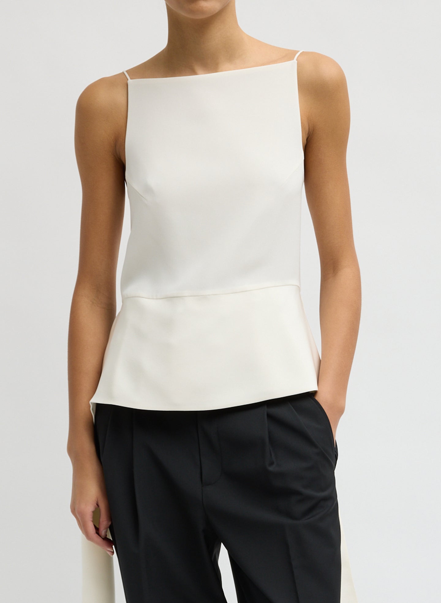 Ivory 4-Ply Silk Side Drape Cami - sleeveless top, front view on model