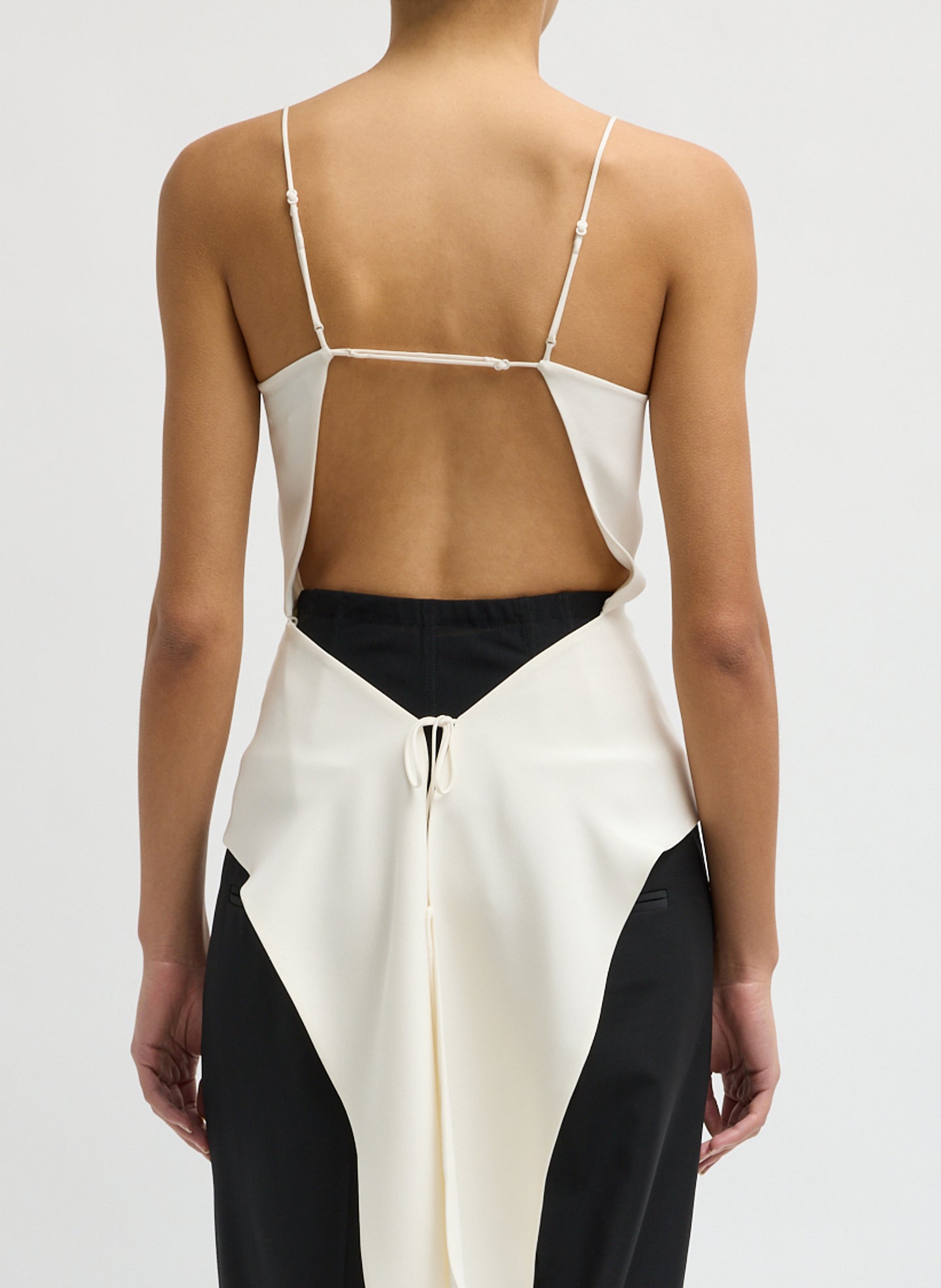 Ivory 4-Ply Silk Side Drape Cami - sleeveless top, back view on model