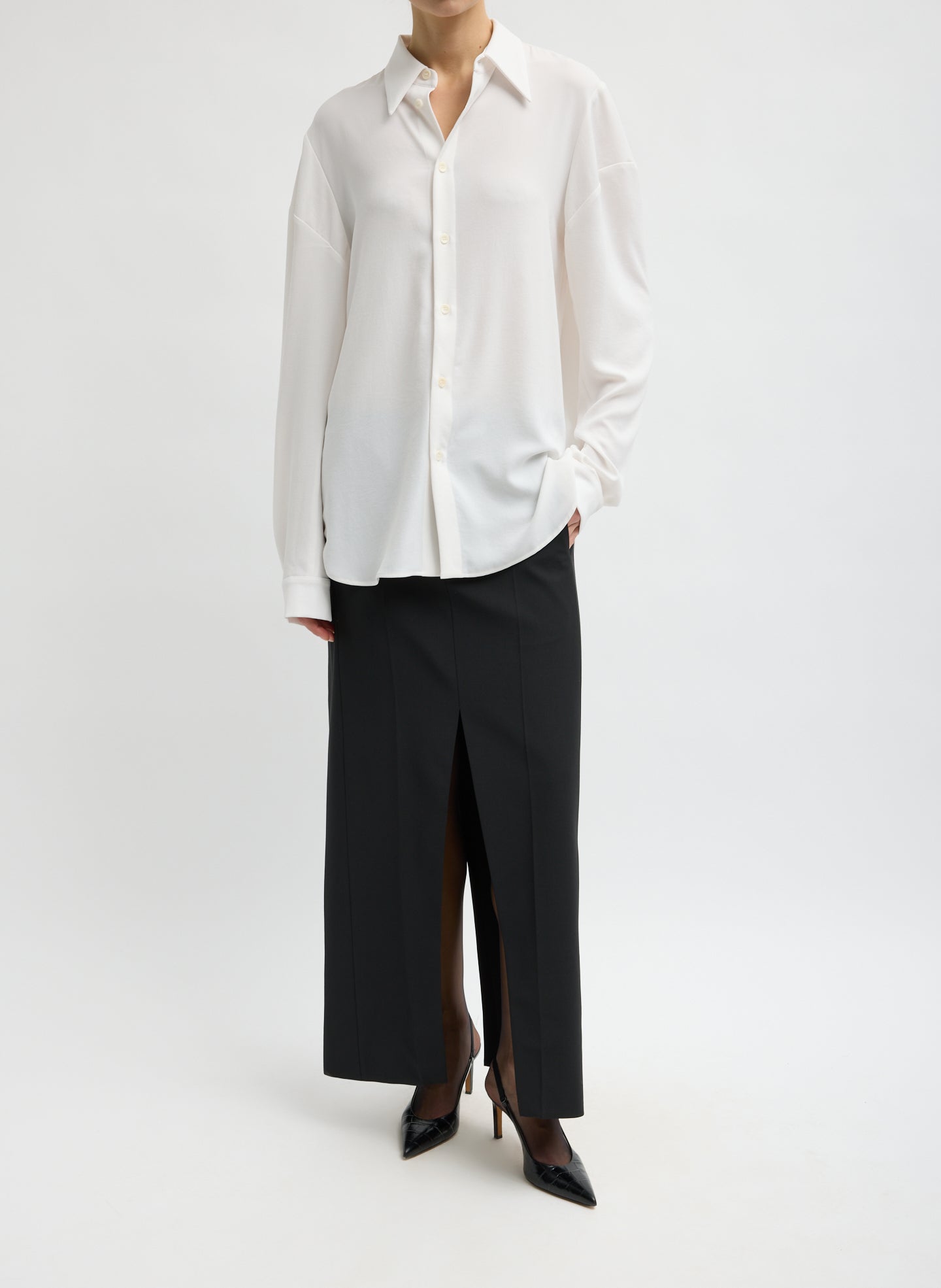 Ivory Soft Drape Hinged Shirt - full look, front view on model