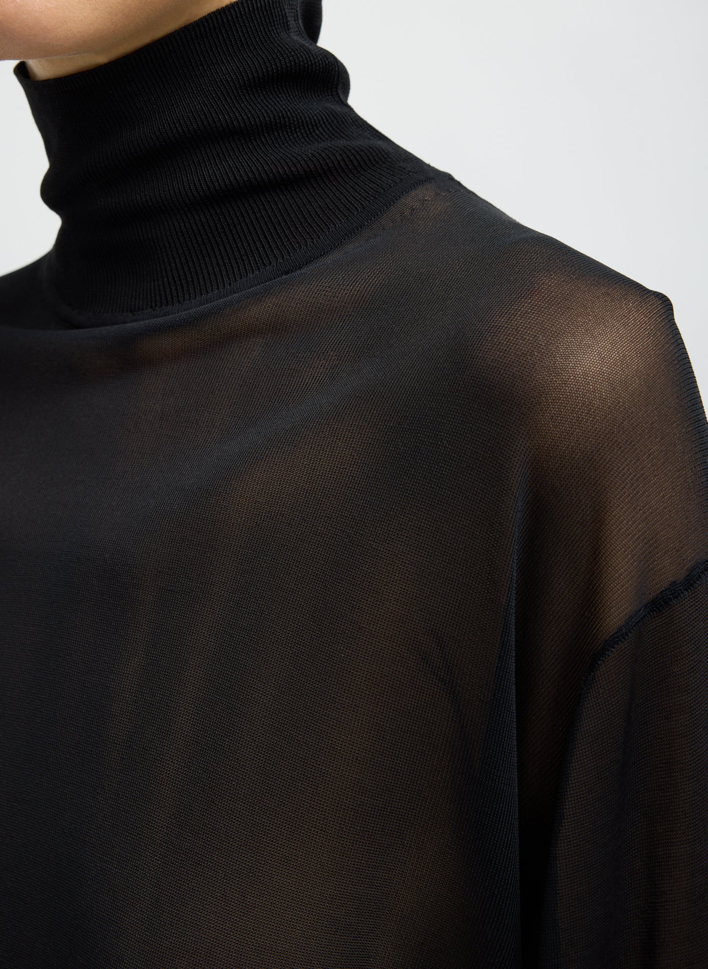Black Slinky Viscose Perfect Men's Turtleneck - closeup of neckline