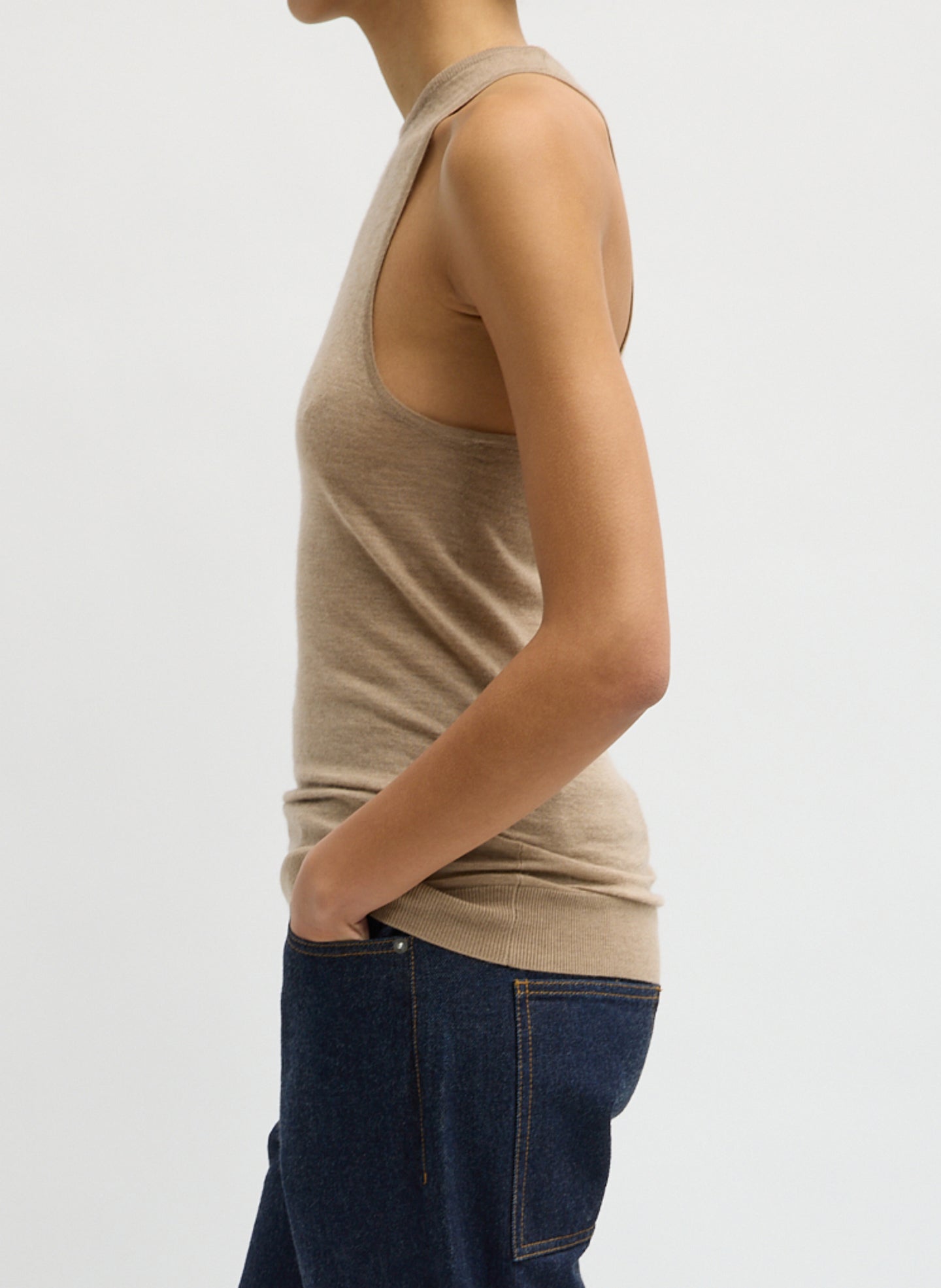 Beige Tissue Cashmere Tank - tan cashmere tank top, side view on model